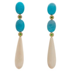 18K Arizona Turquoise, Imperial Diospide and Woolly Mammoth Ivory Earrings