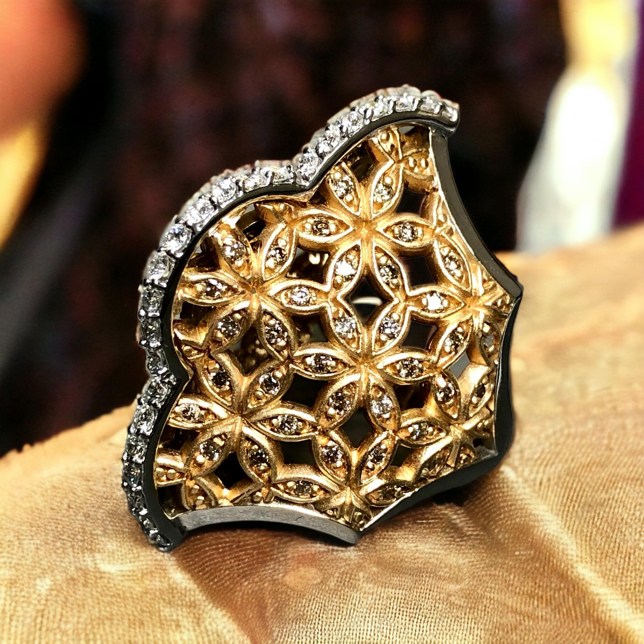 Contemporary 18K ARMAGGAN White Rose Gold Diamond Floral Open Work Cocktail Ring Sz 7.5 For Sale
