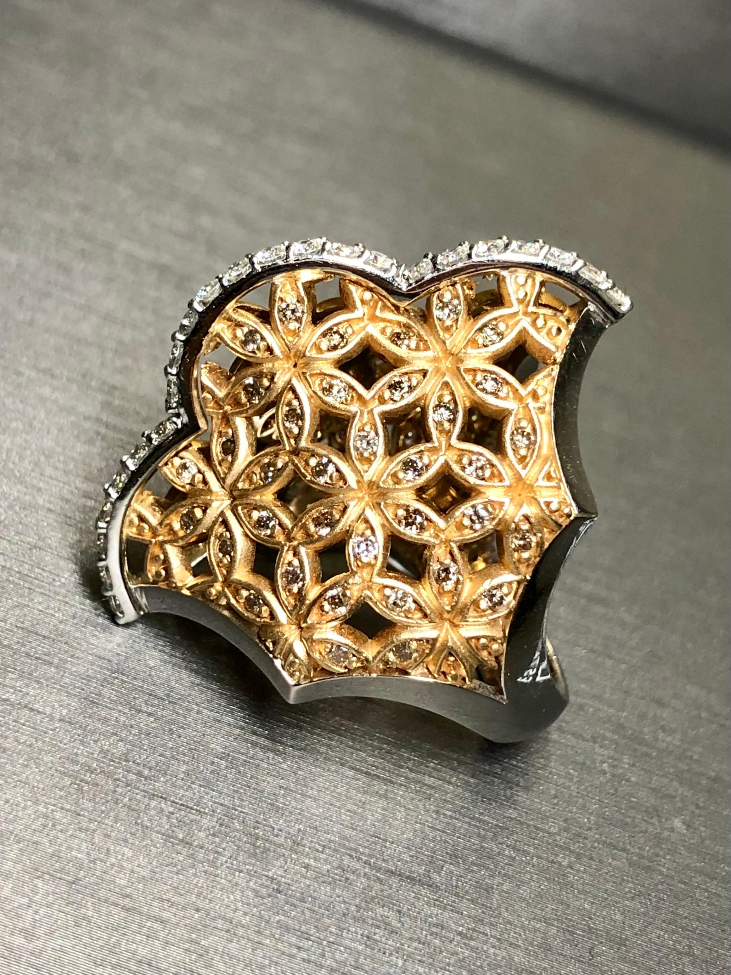 18K ARMAGGAN White Rose Gold Diamond Floral Open Work Cocktail Ring Sz 7.5  In Good Condition For Sale In Winter Springs, FL