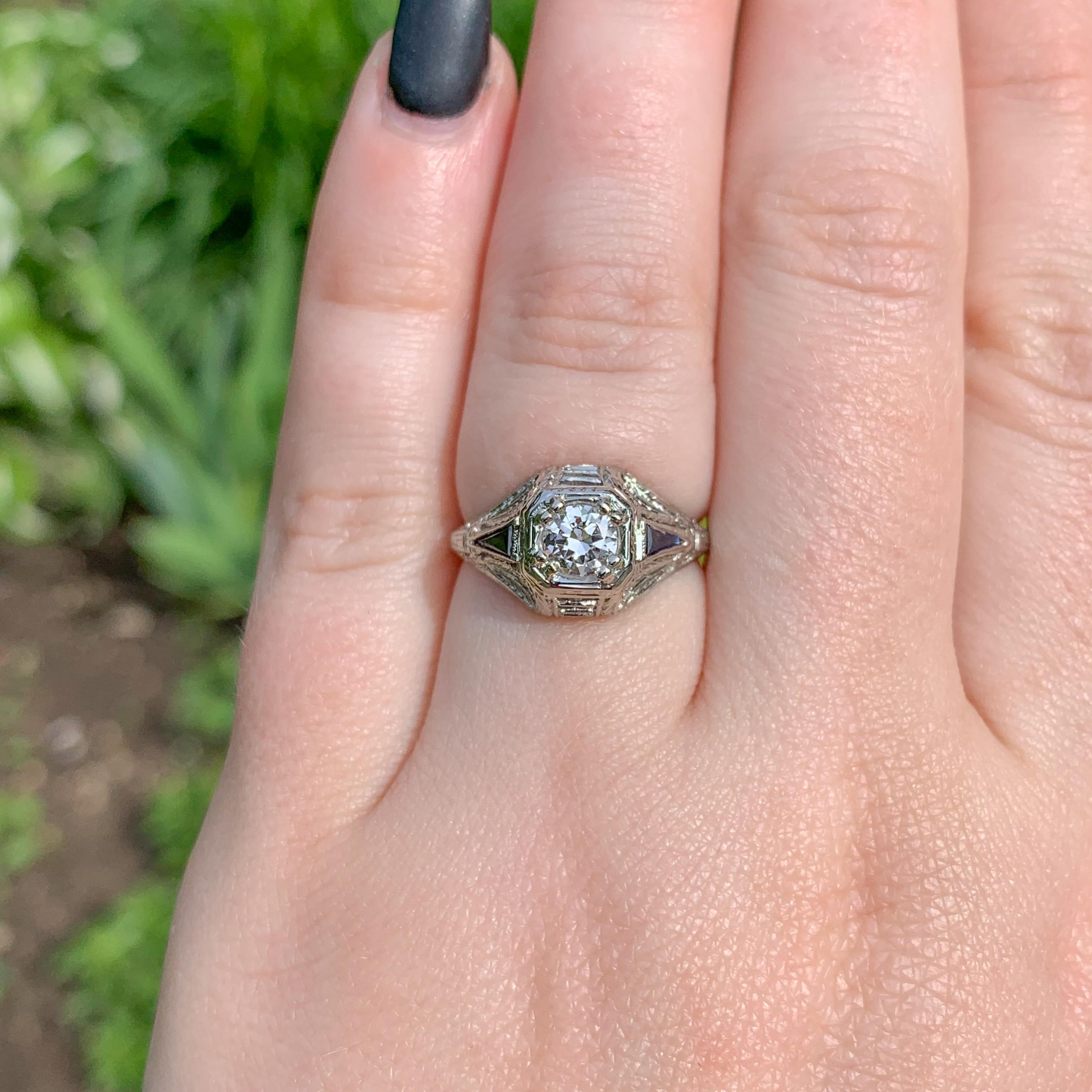18K Art Deco .41ct Diamond Filigree Ring with GIA Report For Sale 2