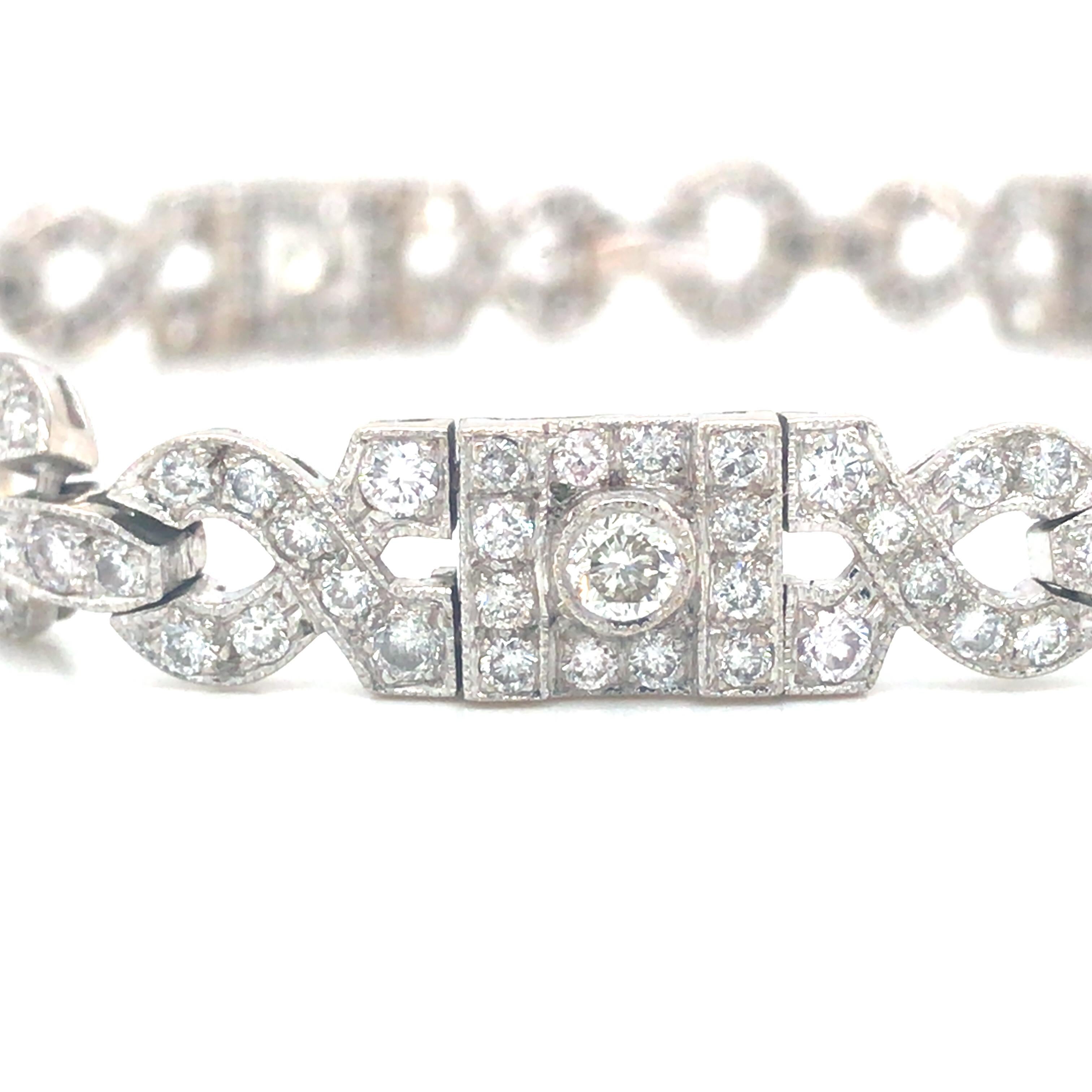 Round Cut 18K Art Deco Diamond Pave Geometric Bracelet White Gold For Sale