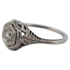 18k Art Deco Diamond ring. 18k White Gold Filigree Ring. Open Hexagonal Setting