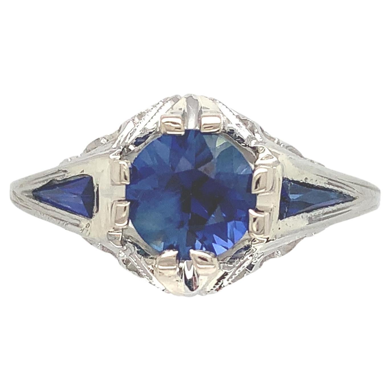 18K Art Deco Filigree Blue Sapphire Ring