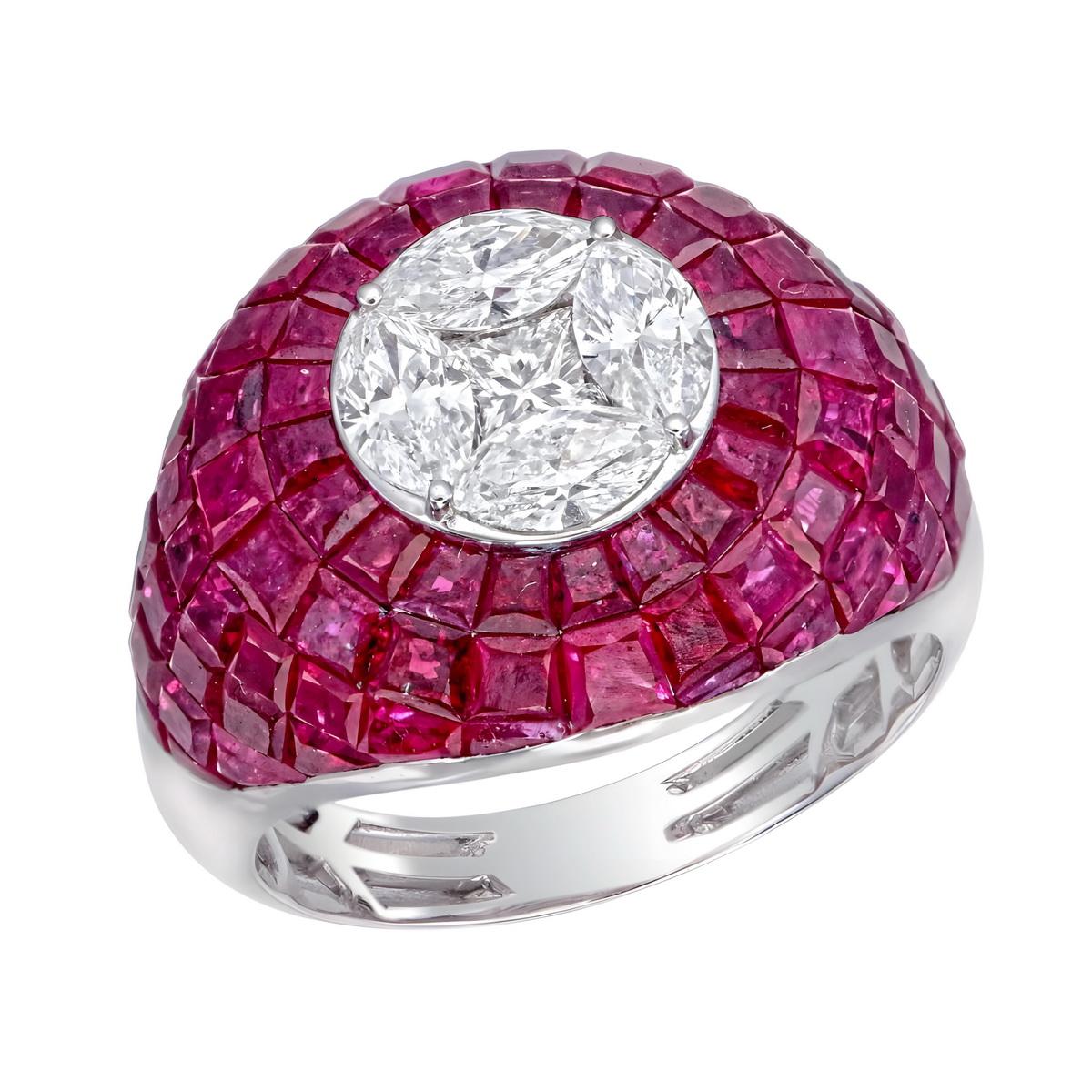 Bague dôme en rubis serti invisible Art déco 18K avec grappe de diamants marquise en vente 2