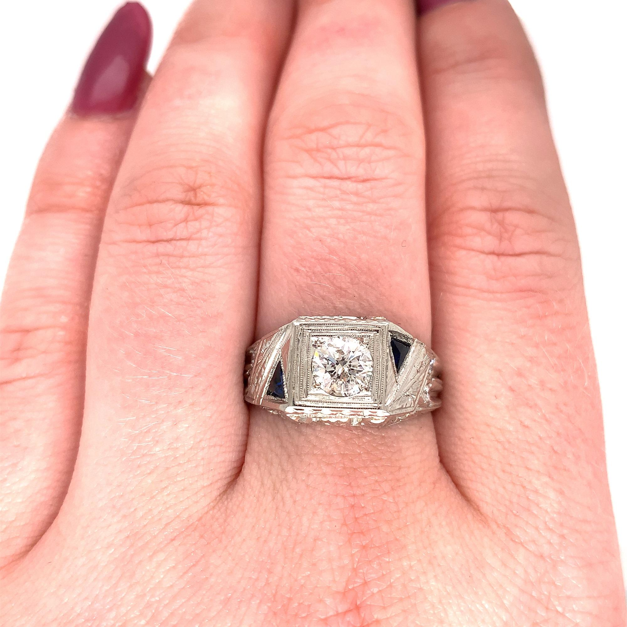 Brilliant Cut 18K Art Deco Men's Diamond & Sapphire Ring