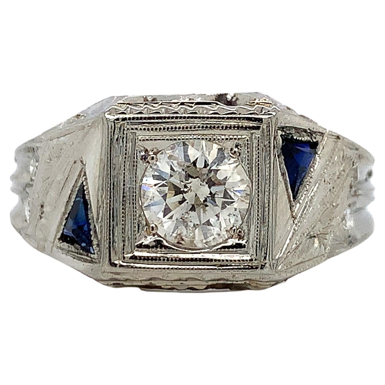 18K Art Deco Men's Diamond & Sapphire Ring