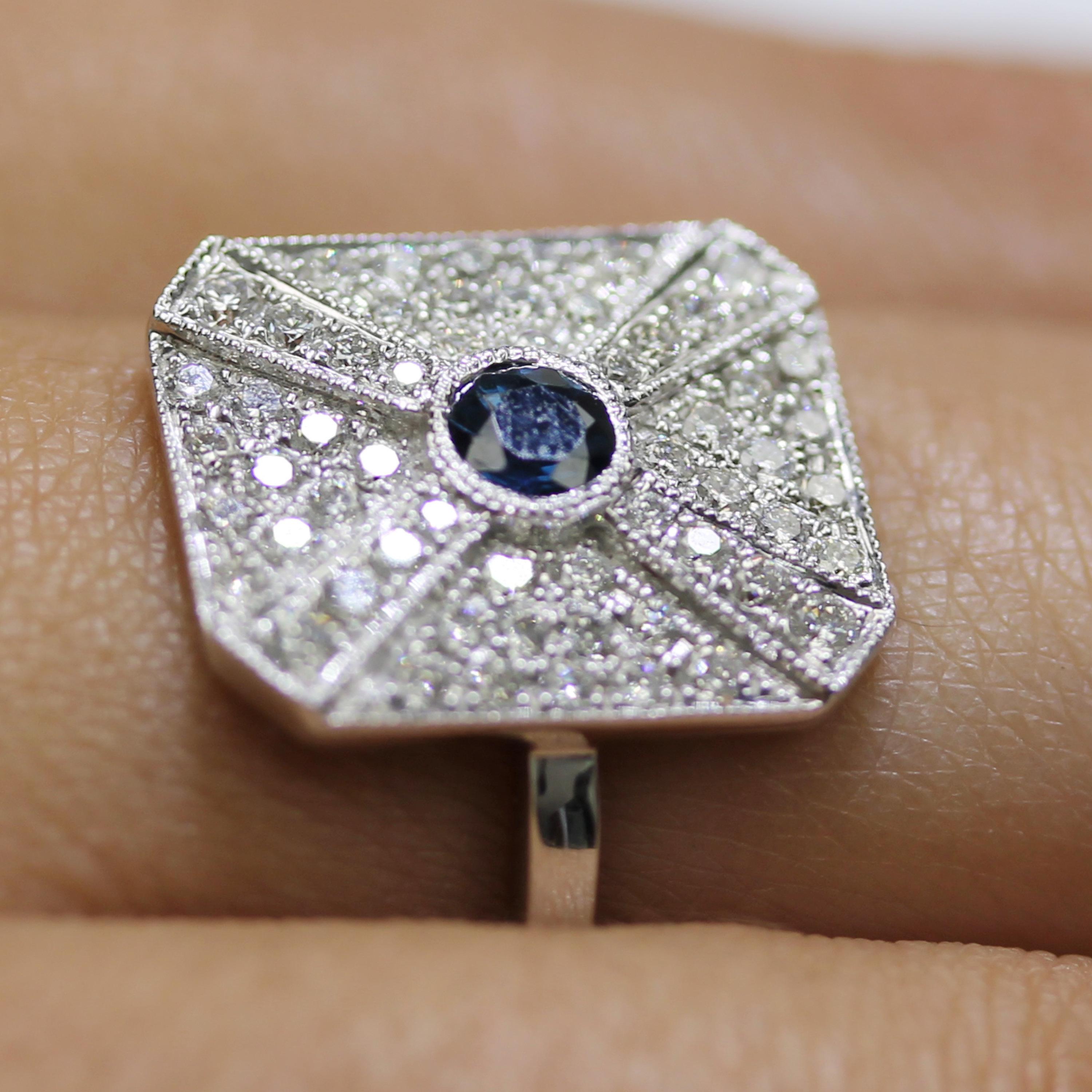 Women's 18K Art Deco Style White Gold Round Blue Ceylon Sapphire & Diamond Cocktail Ring For Sale