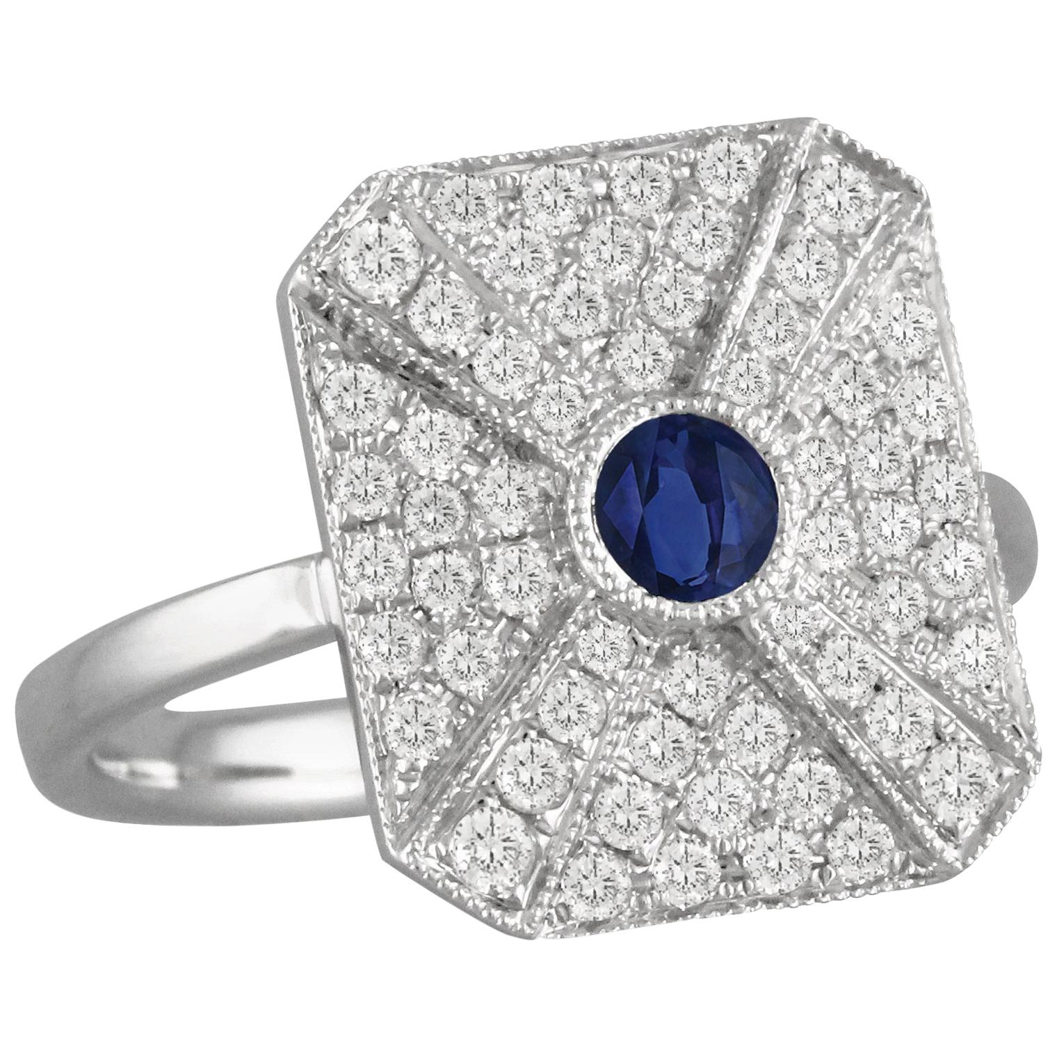 18K Art Deco Style White Gold Round Blue Ceylon Sapphire & Diamond Cocktail Ring For Sale