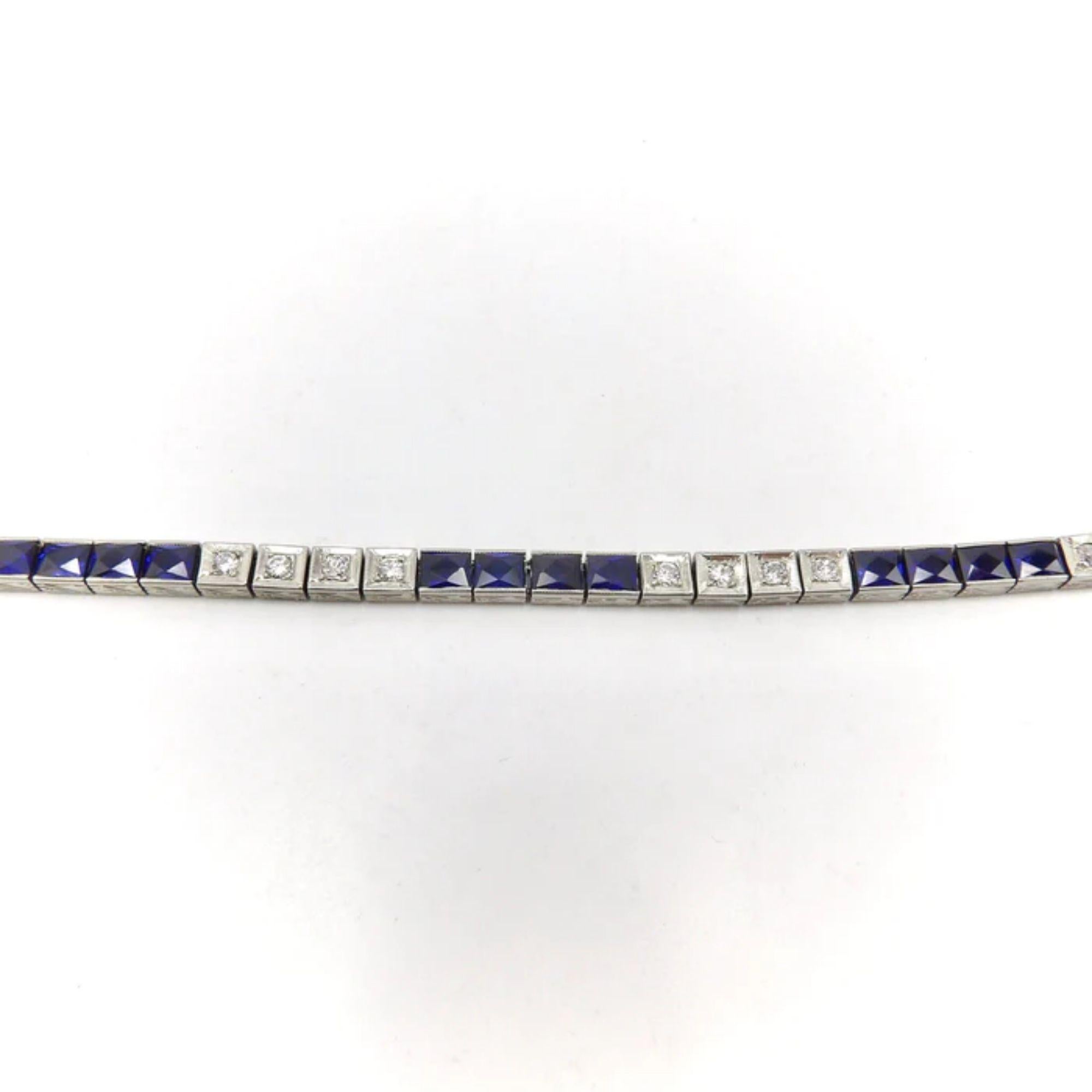 Round Cut 18K Art Deco White Gold Diamond and Sapphire Line Bracelet For Sale