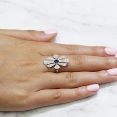 18k Art Deco Style White Gold Oval Blue Ceylon Sapphire Diamond Cocktail Ring