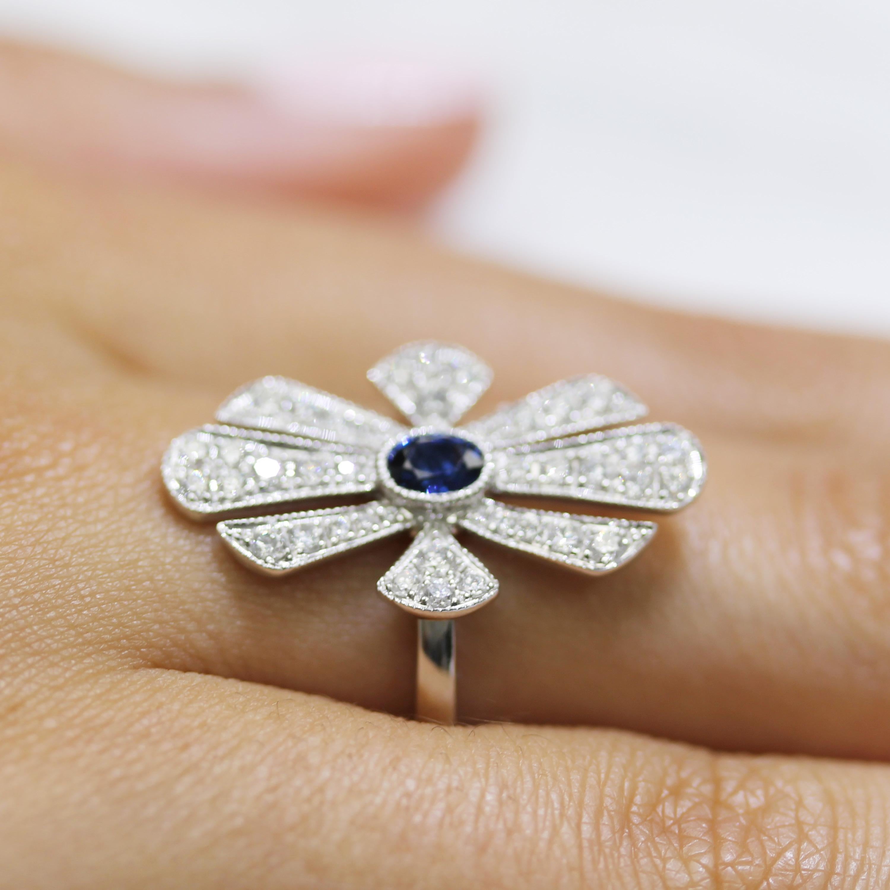 18k Art Deco Style White Gold Oval Blue Ceylon Sapphire Diamond Cocktail Ring In New Condition For Sale In Great Neck, NY