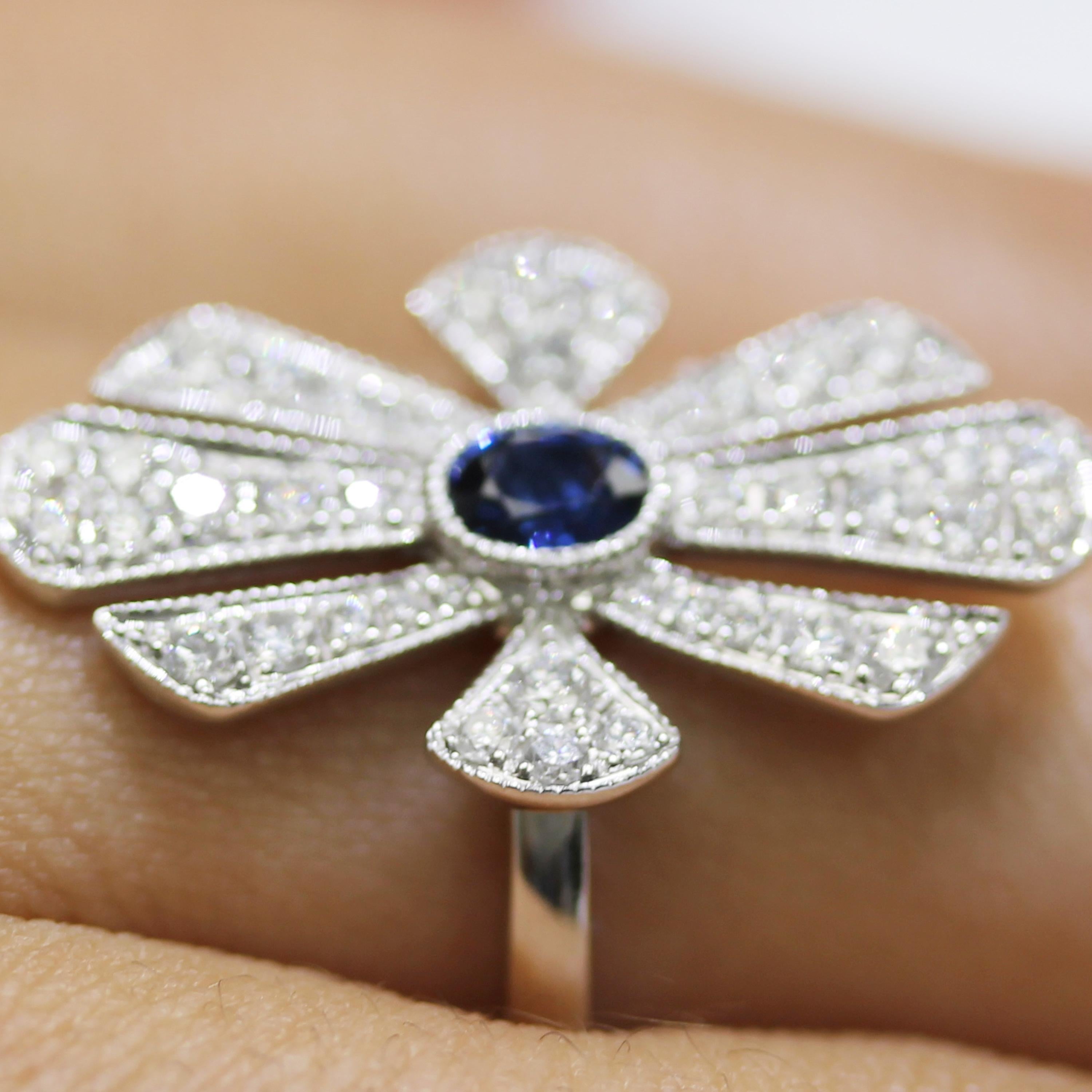 Women's 18k Art Deco Style White Gold Oval Blue Ceylon Sapphire Diamond Cocktail Ring For Sale