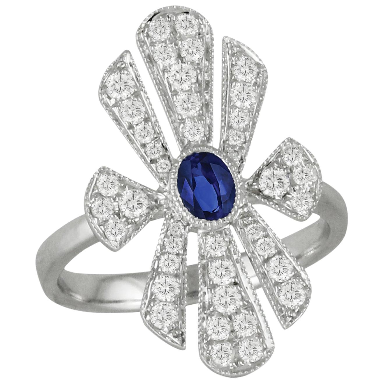 18k Art Deco Style White Gold Oval Blue Ceylon Sapphire Diamond Cocktail Ring For Sale