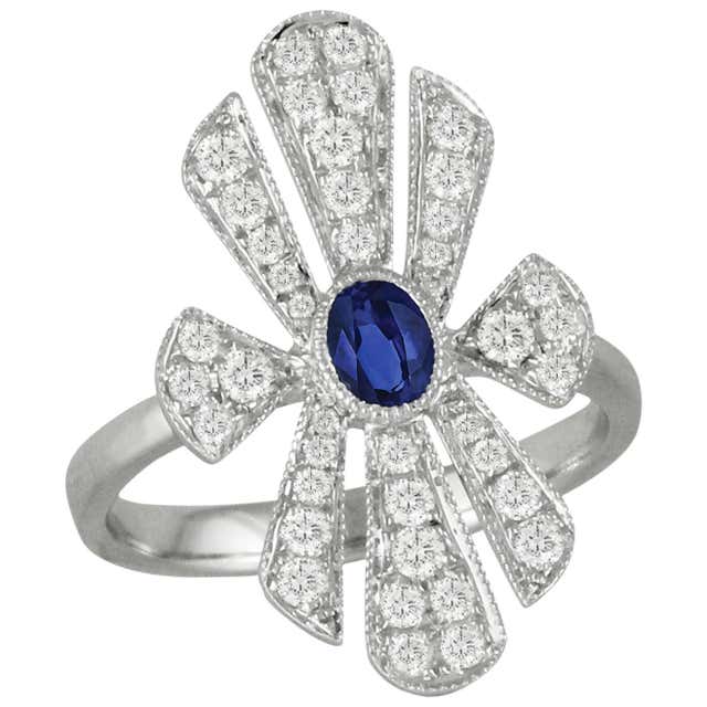 18k Art Deco Style White Gold Oval Blue Ceylon Sapphire Diamond ...