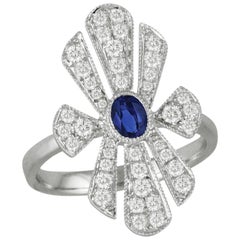 18k Art Deco Style White Gold Oval Blue Ceylon Sapphire Diamond Cocktail Ring