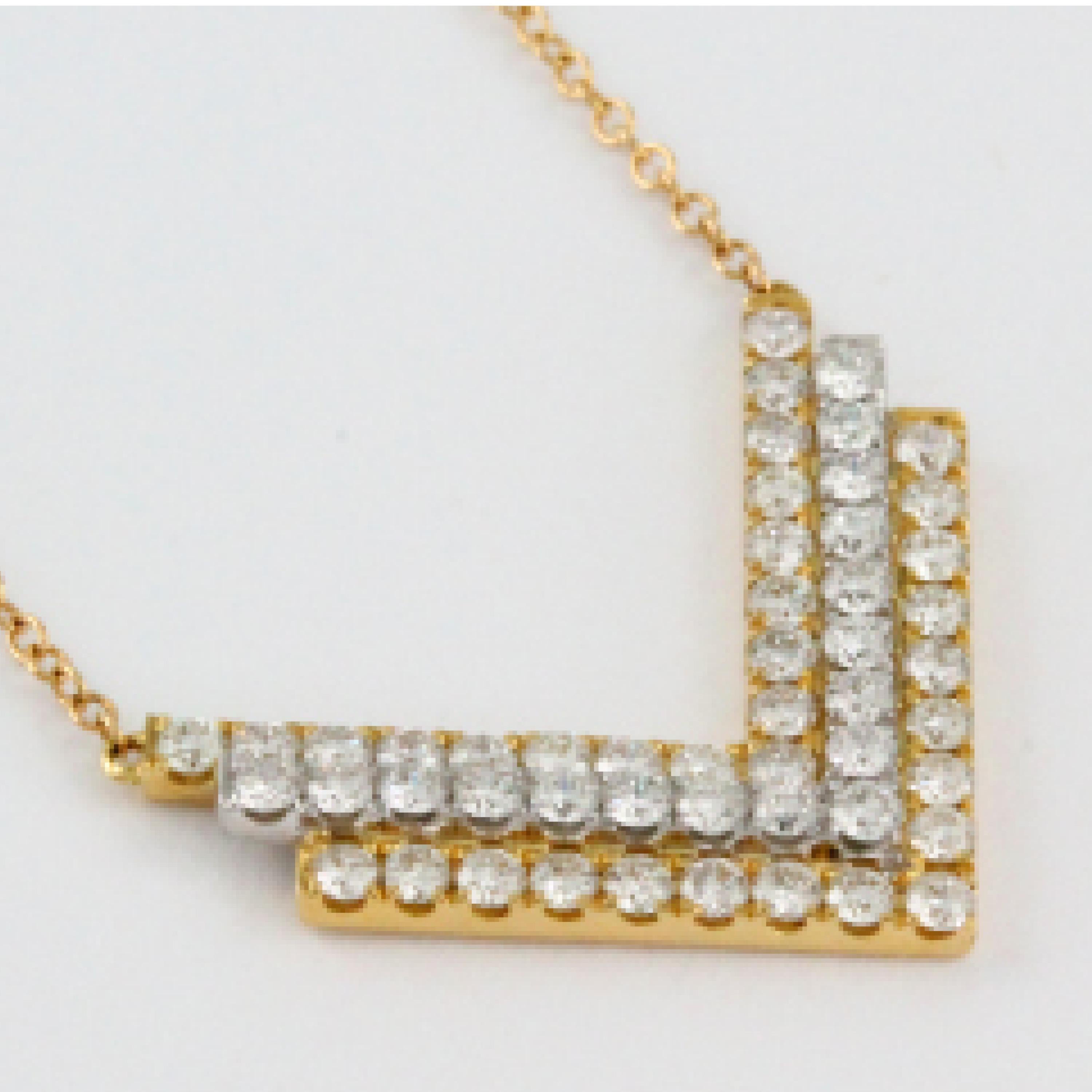 Round Cut 18K Art Deco Style White & Yellow Two-Tone Gold Chevron Necklace with Diamonds For Sale