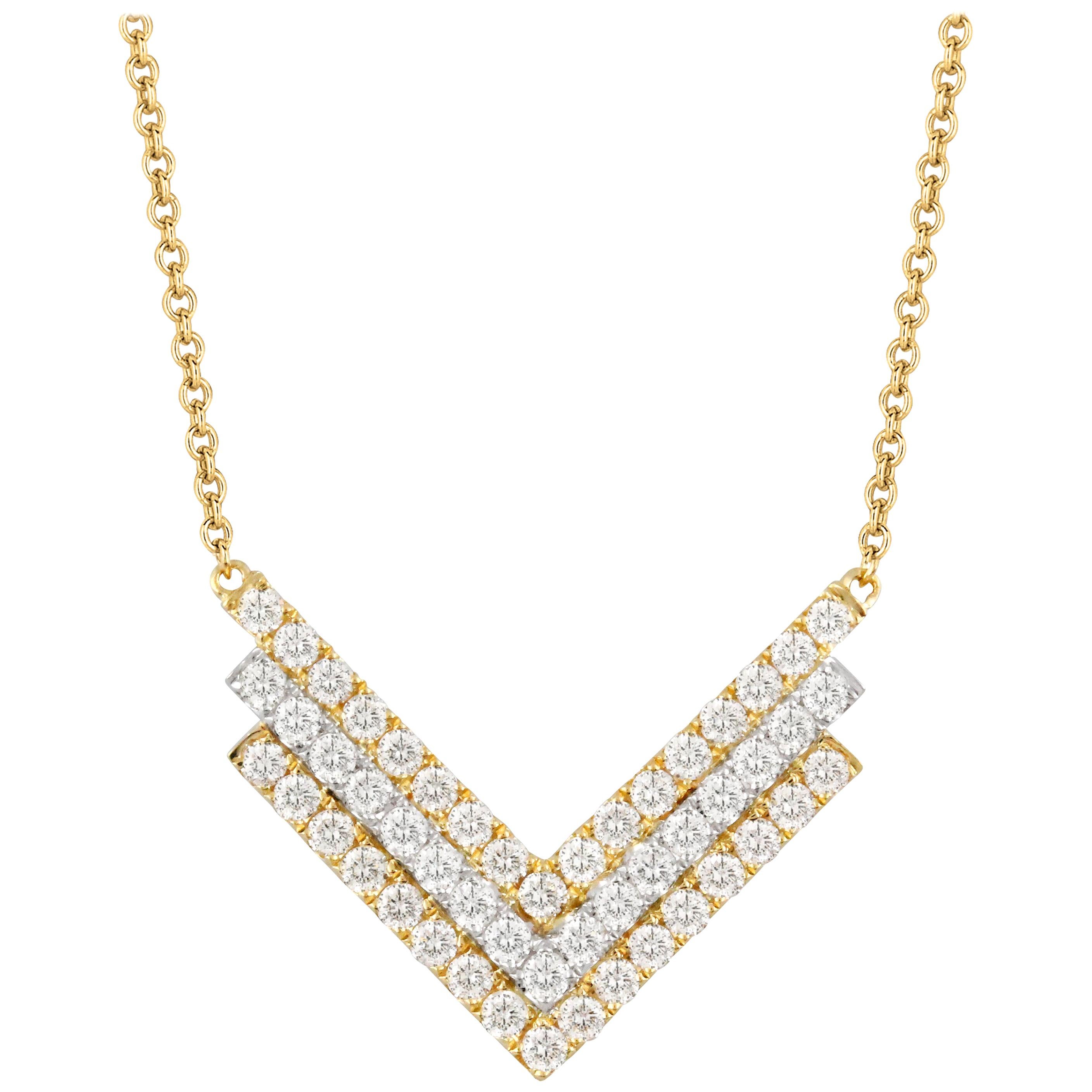 18K Art Deco Style White & Yellow Two-Tone Gold Chevron Necklace with Diamonds For Sale