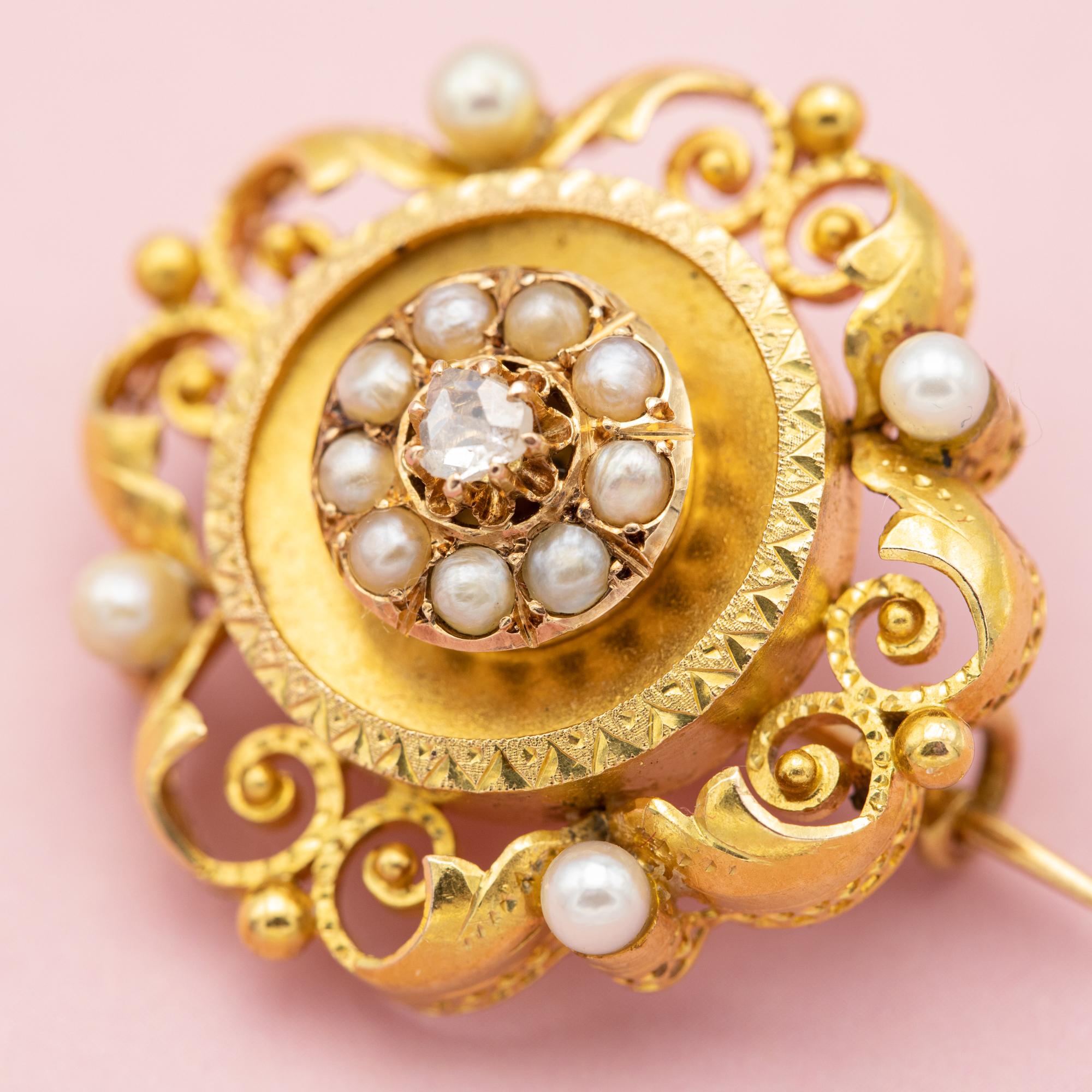 Rose Cut 18k Art Nouveau brooch - Late Victorian jewelry - Floral Napoleon III pin
