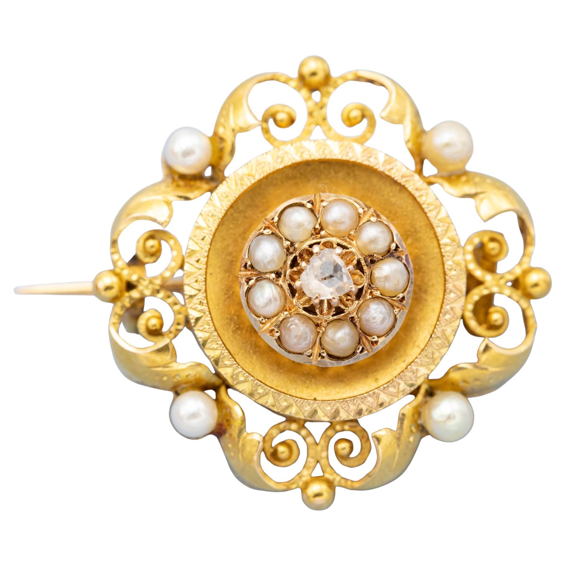 18k Art Nouveau brooch - Late Victorian jewelry - Floral Napoleon III pin
