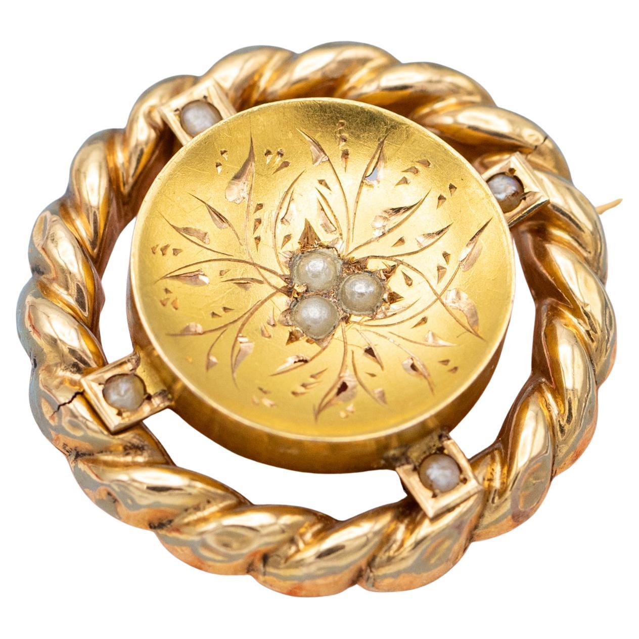 18k Art Nouveau brooch - Late Victorian jewelry - Floral Napoleon III pin