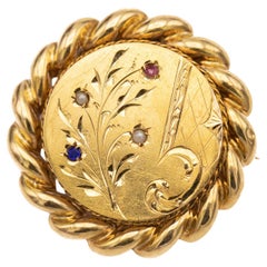 18k Art Nouveau brooch - Late Victorian jewelry - round Floral flower brooch