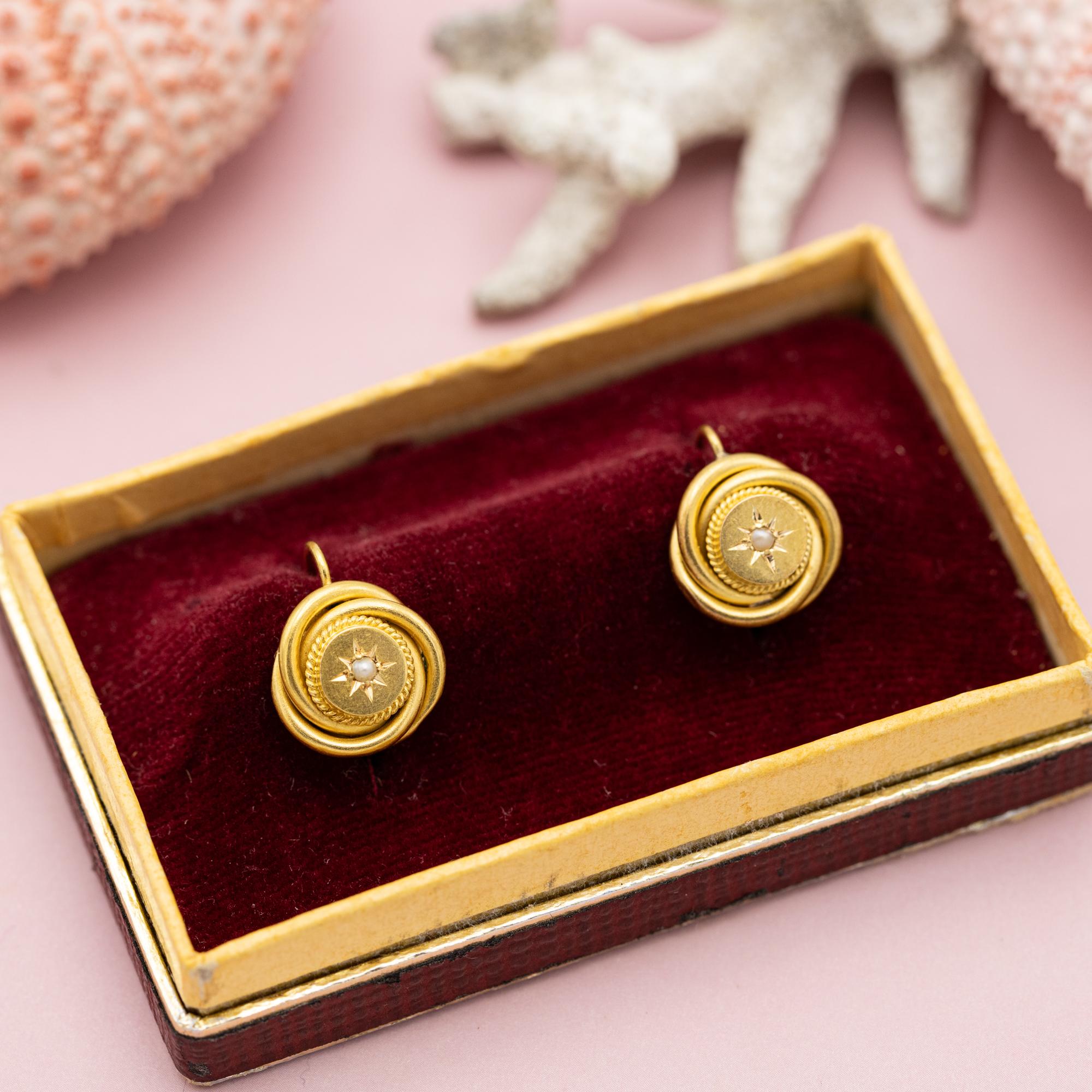 Round Cut 18K Art Nouveau earrings - Victorian lovers knot jewelry - Solid gold Antique