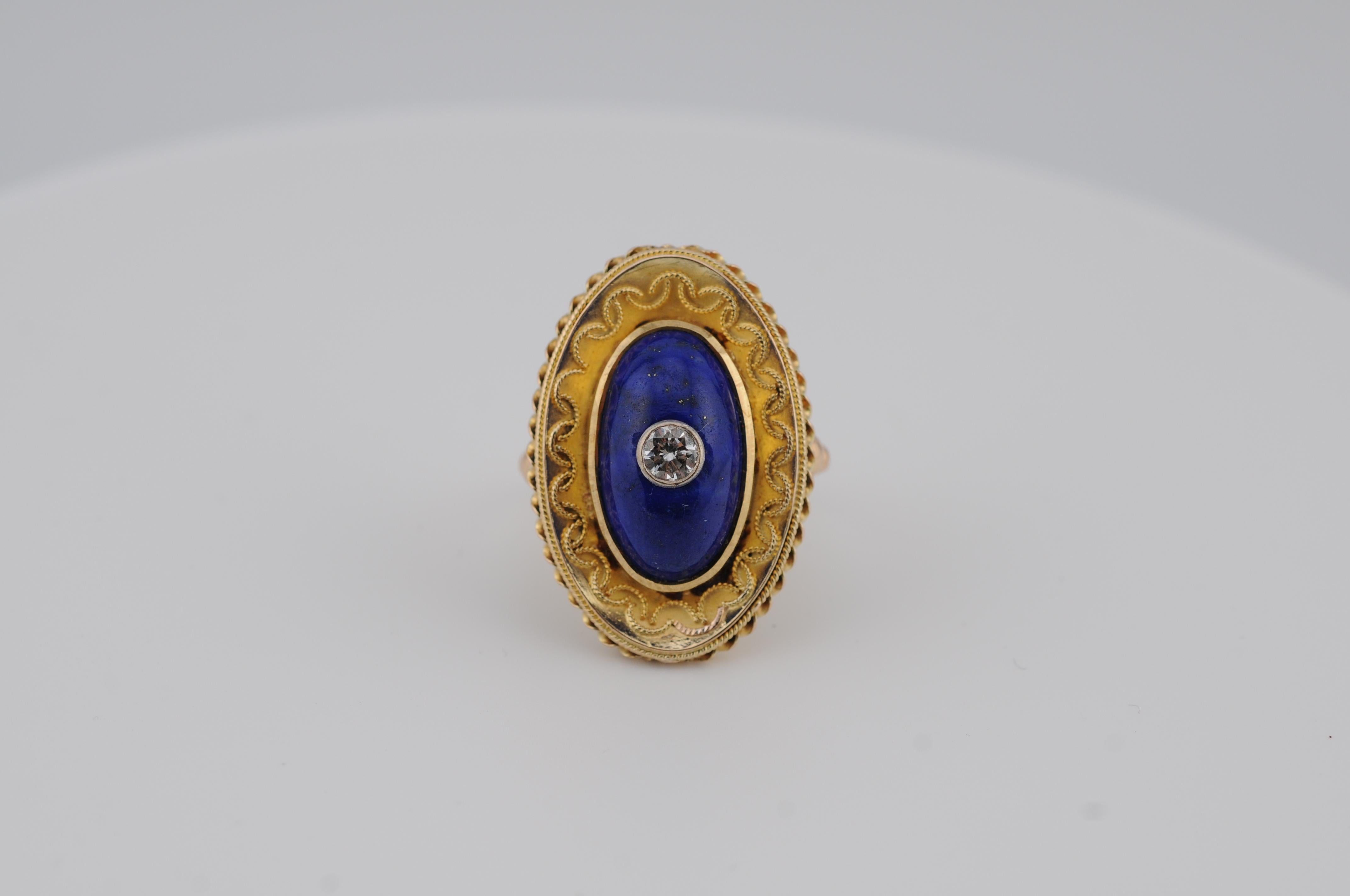 Old European Cut 18K Art Nouveau Ring with Lapis Lazuli Cabochon and Old-Cut Diamond For Sale