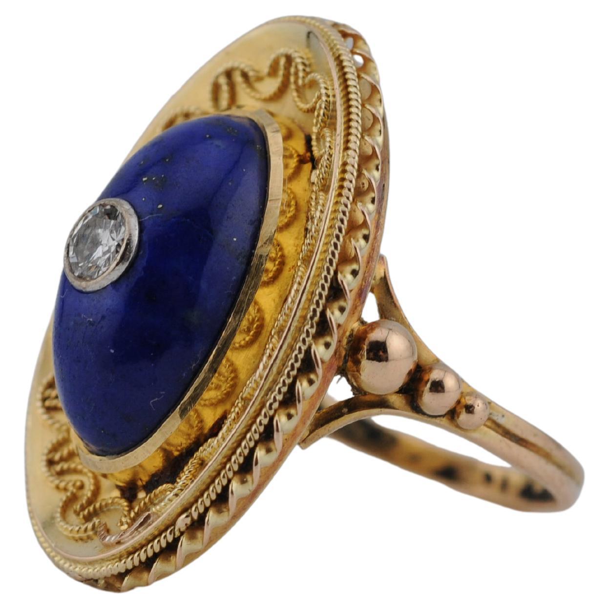 18K Art Nouveau Ring with Lapis Lazuli Cabochon and Old-Cut Diamond