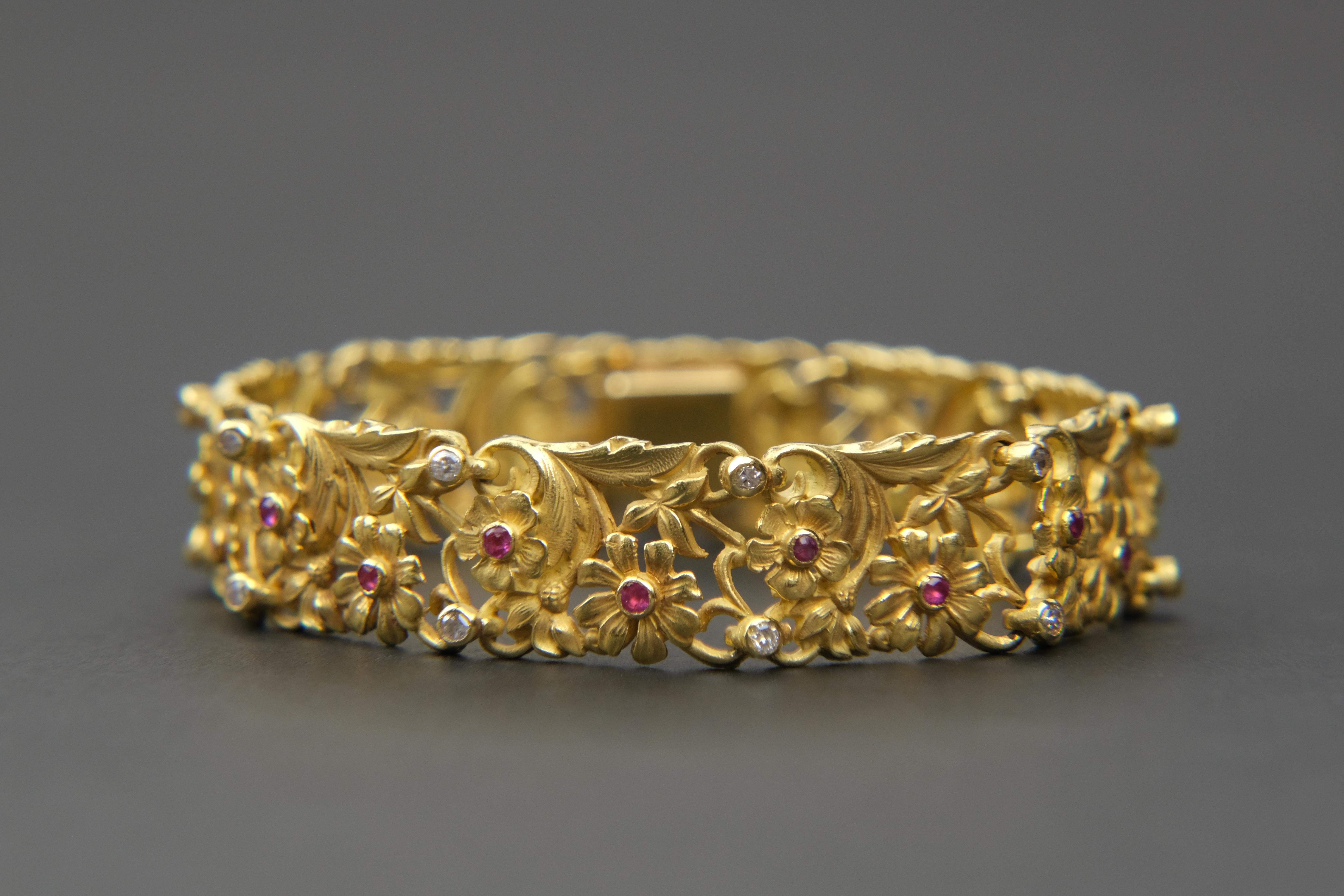 18K Art Nouveau Style Ruby and Diamond Panel Bracelet

These day s a lot of jewelry is chunky and aggressive. Much of it lacks a certain femininity that many like. Some jewelry is actual classified as Brutalist, and ugly name and in most cases, ugly