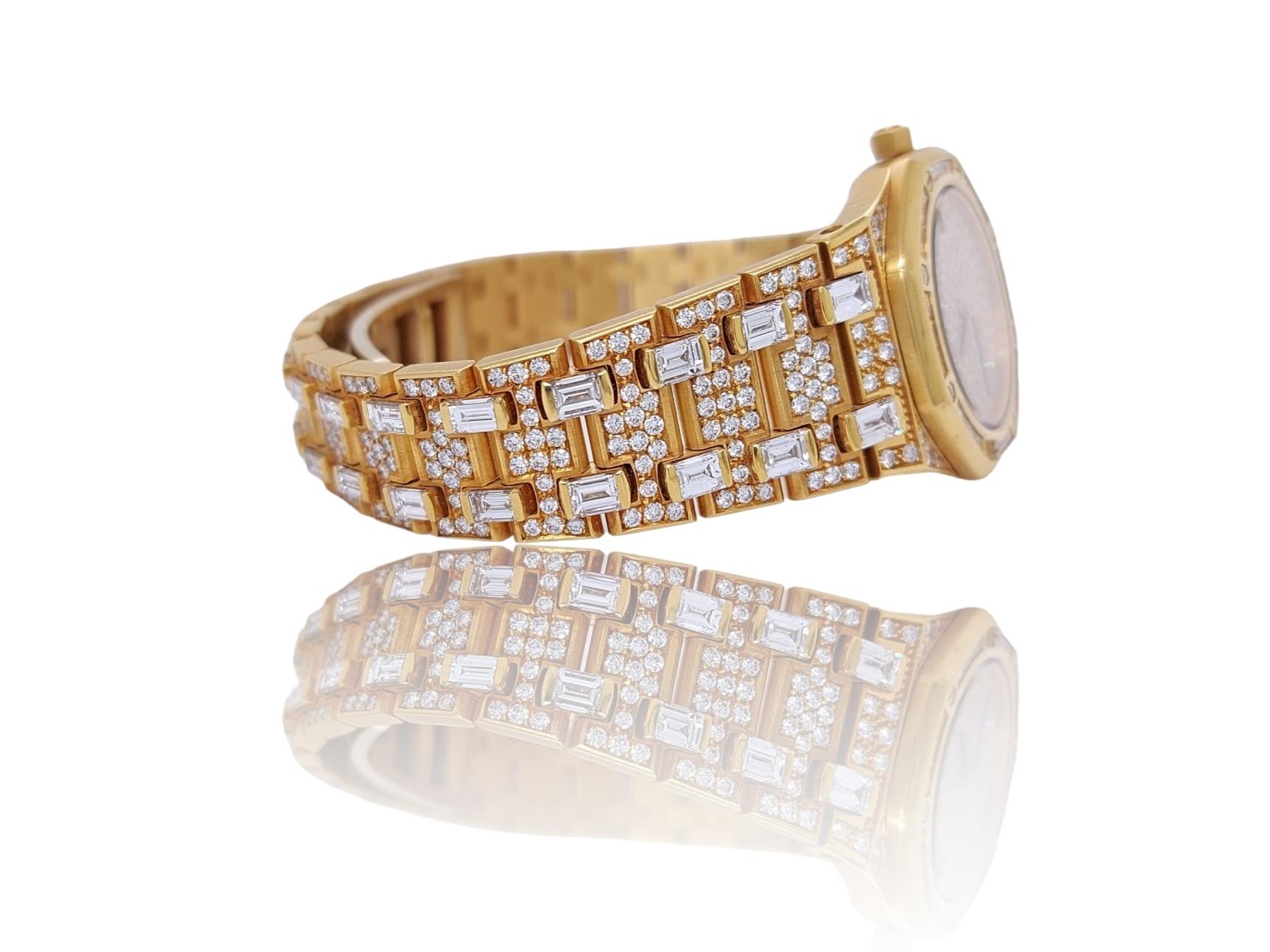 Baguette Cut 18k Audemars Piguet Royal Oak Full Factory Diamonds Wrist Watch  For Sale