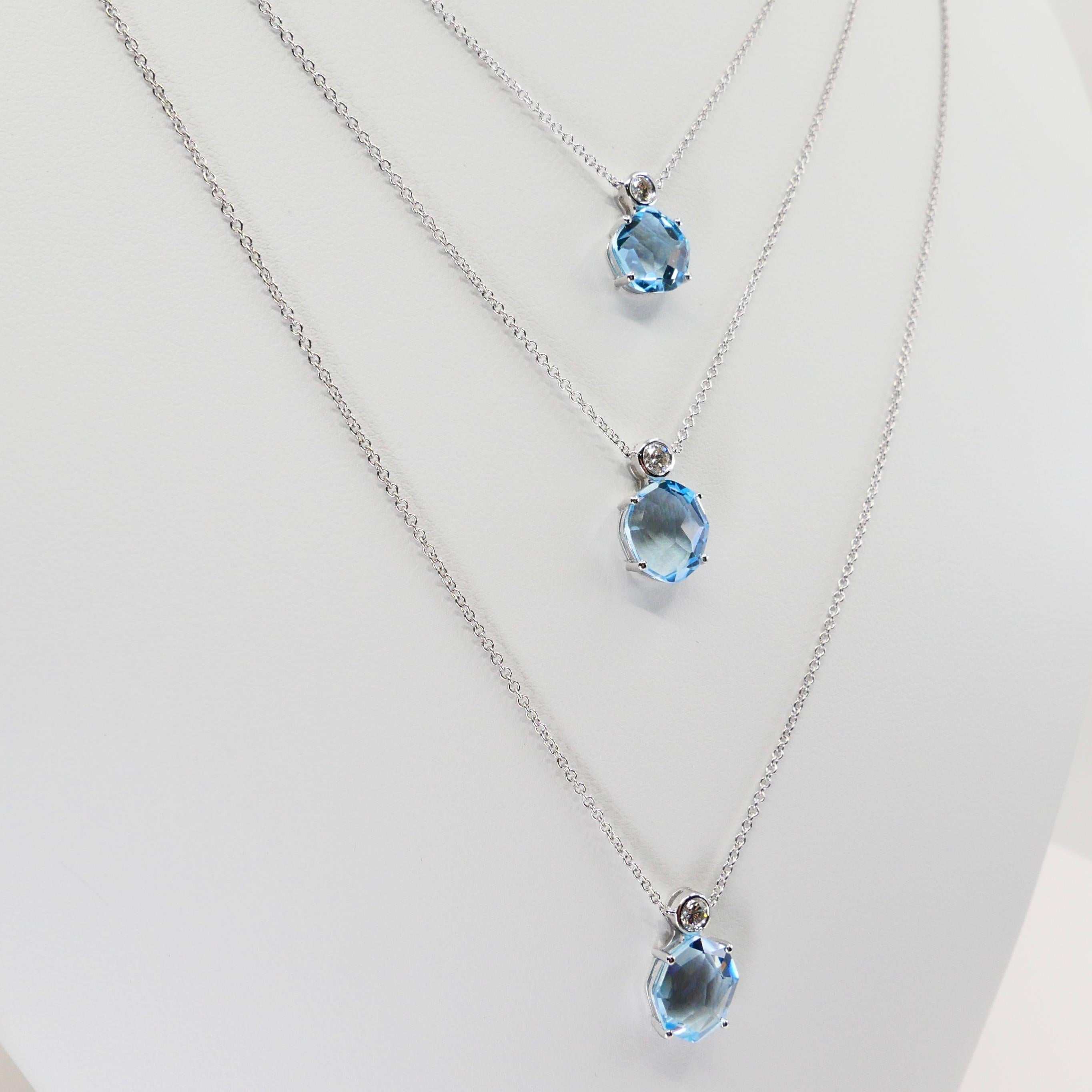 18 Karat Baby Blue Topaz and Diamond Layered Drop Necklace, Powder Blue For Sale 2