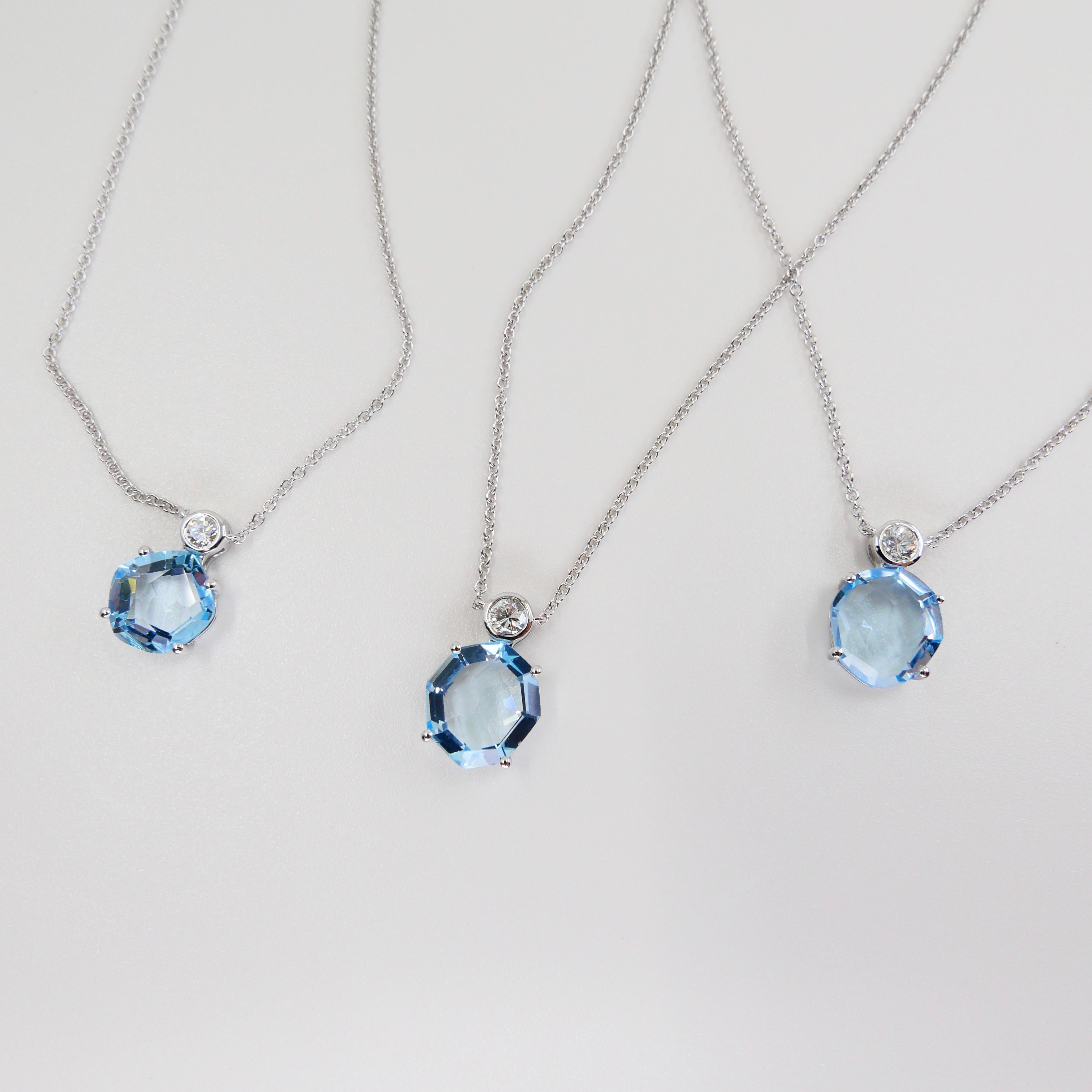 Lagenförmige Babyblauer Topas & Diamant-Tropfen-Halskette. 18k Weißgold. (Zeitgenössisch)