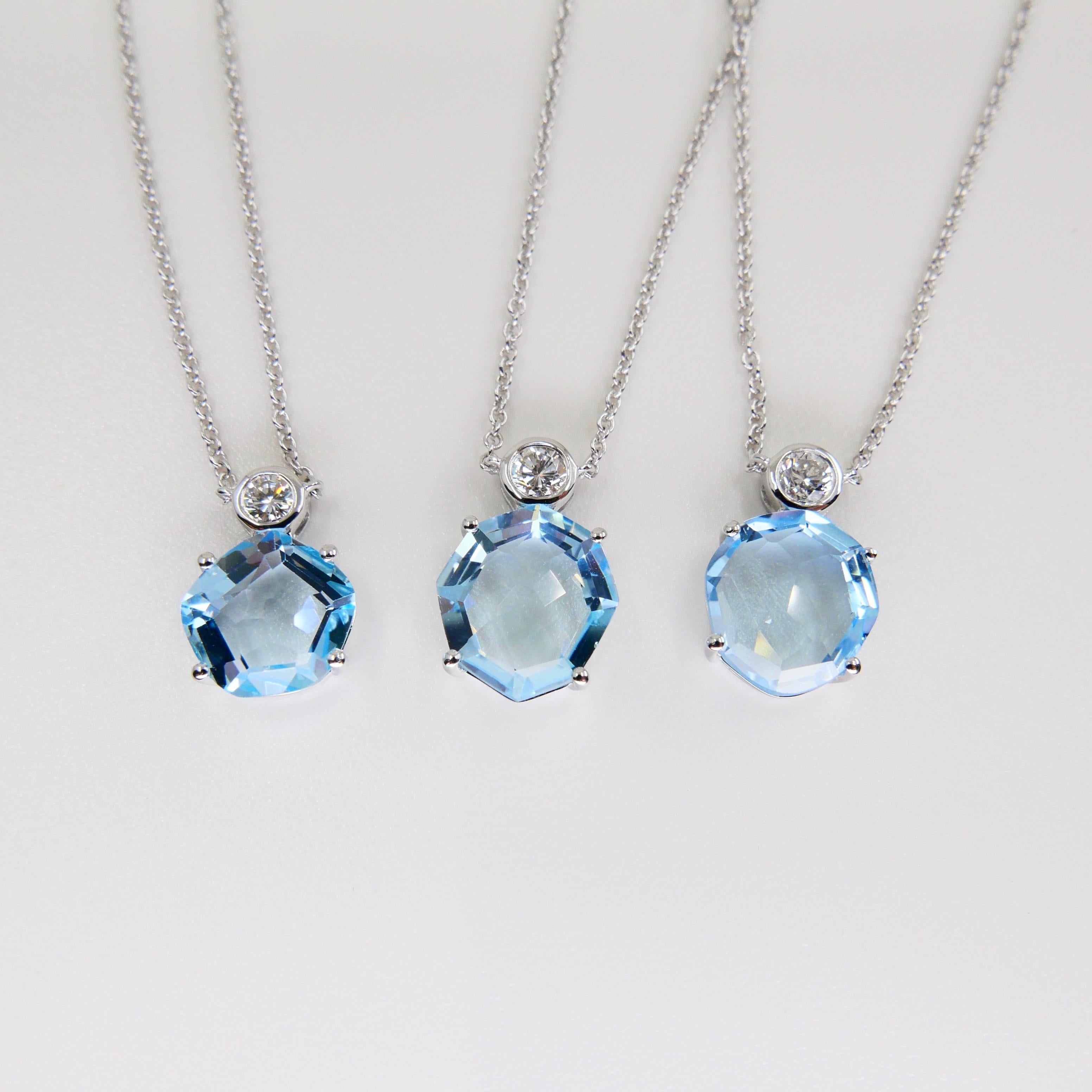 Collier goutte en or 18 carats, topaze bleue pâle et diamants superposés, bleu poudre en vente 3