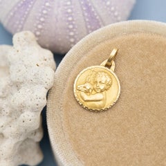 18k baby medallion, Protecting Angel, Catholic good luck cherub, the Lamb of God