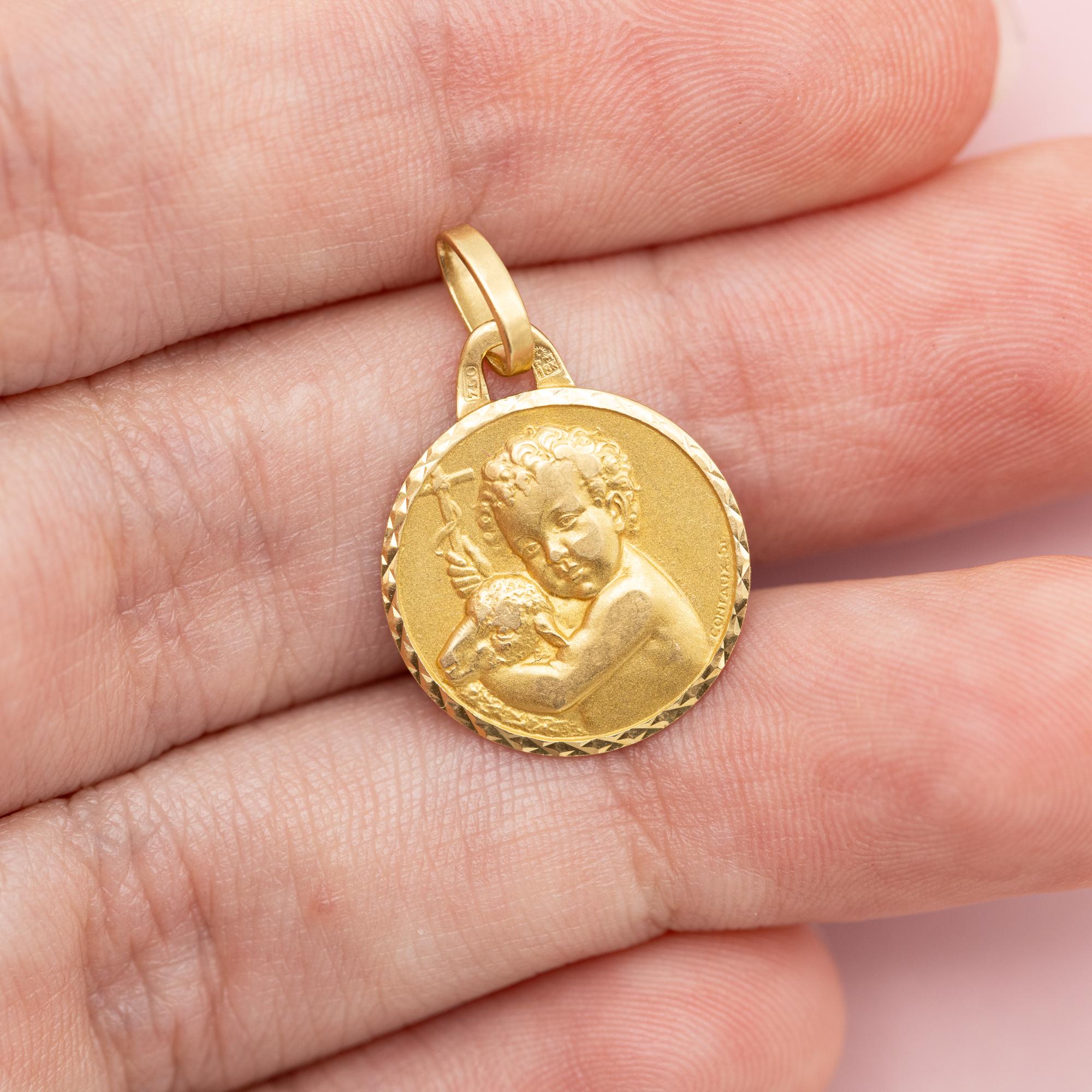 18k baby medallion, Protecting Angel, Catholic good luck cherub, the Lamb of God 1