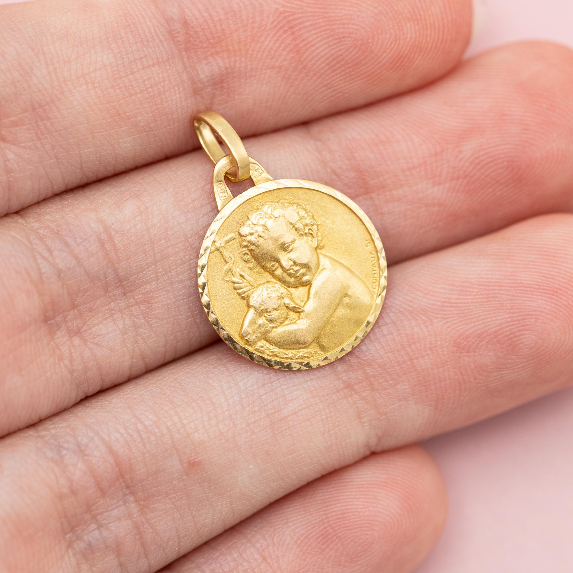 18k baby medallion, Protecting Angel, Catholic good luck cherub, the Lamb of God 2