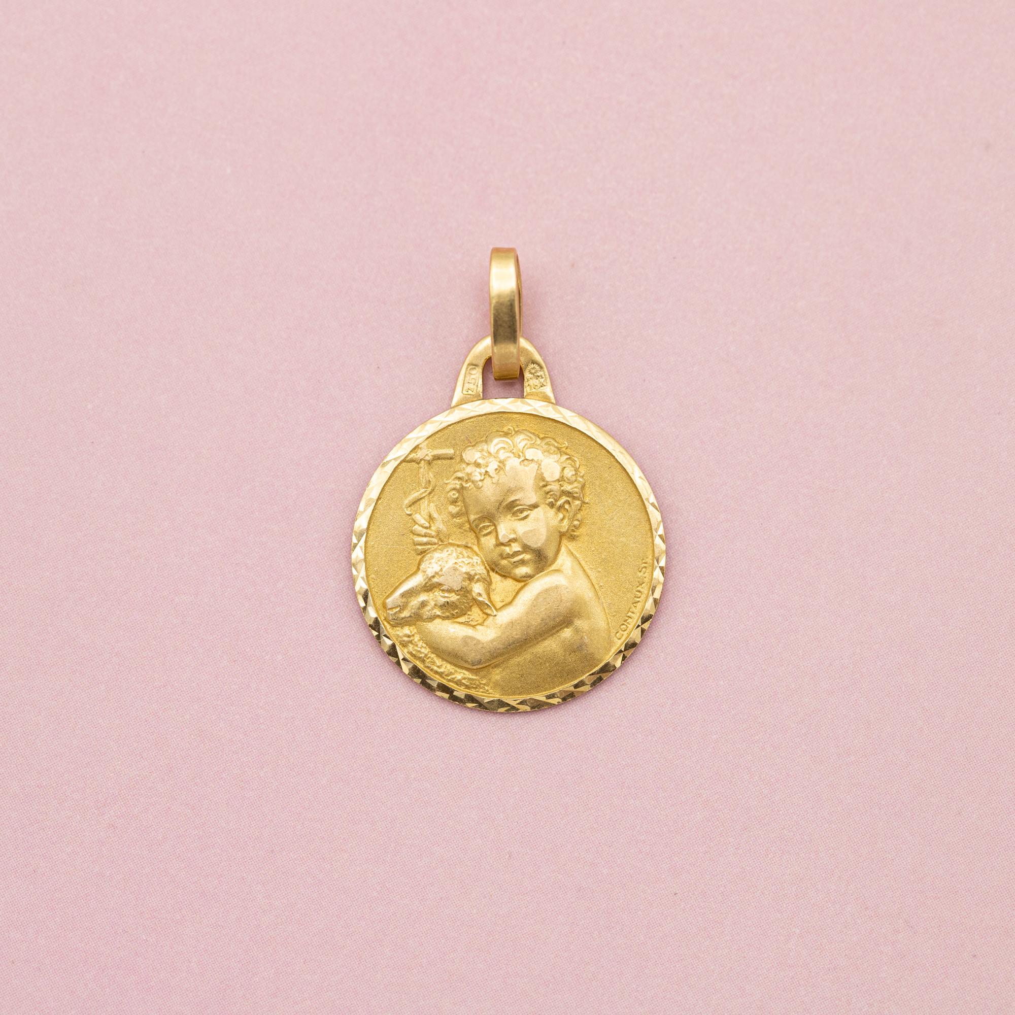 18k baby medallion, Protecting Angel, Catholic good luck cherub, the Lamb of God 3