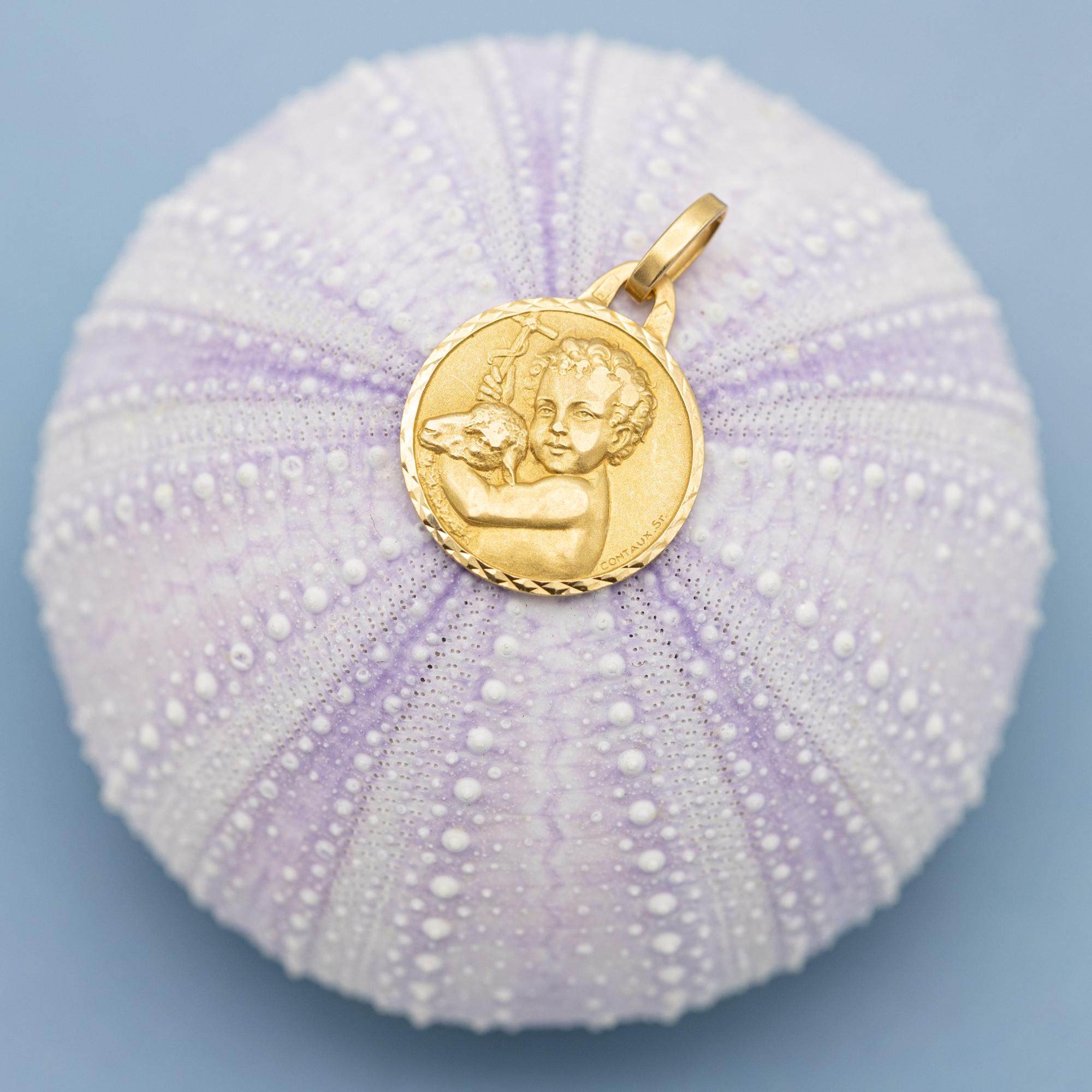 18k baby medallion, Protecting Angel, Catholic good luck cherub, the Lamb of God 4