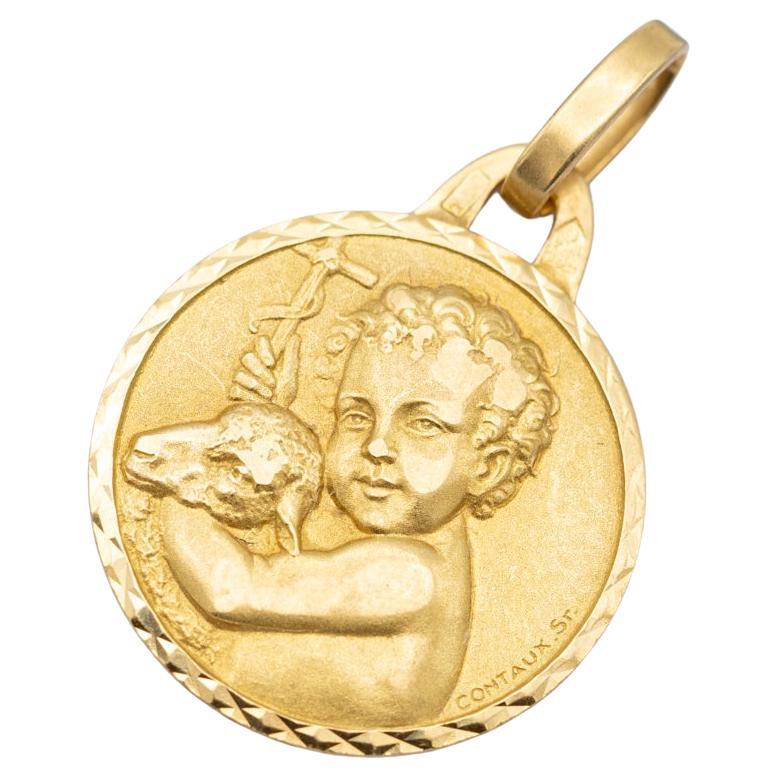 18k baby medallion, Protecting Angel, Catholic good luck cherub, the Lamb of God