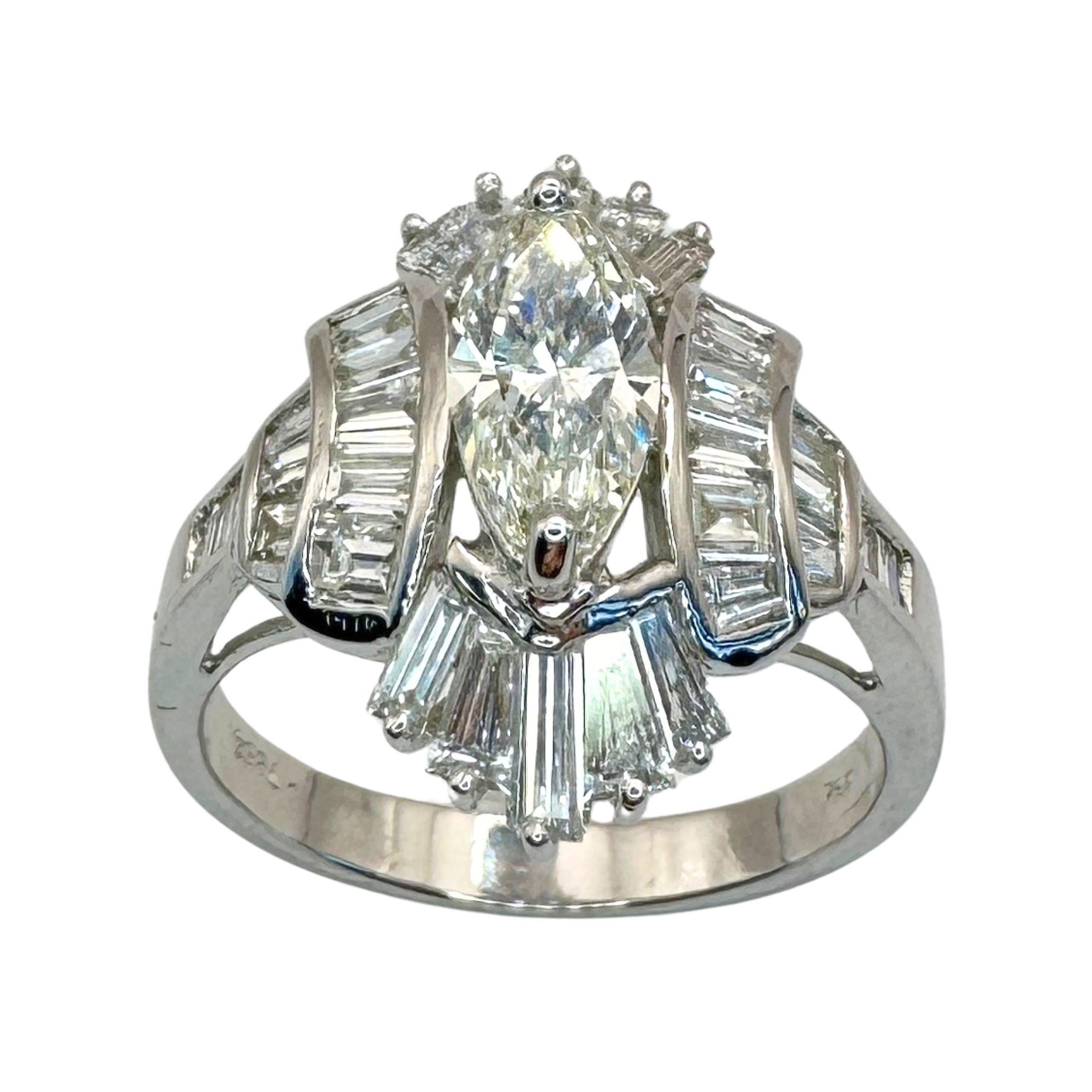 Baguette Cut 18k Baguette and Marquise Cut Diamond Navette Ring For Sale