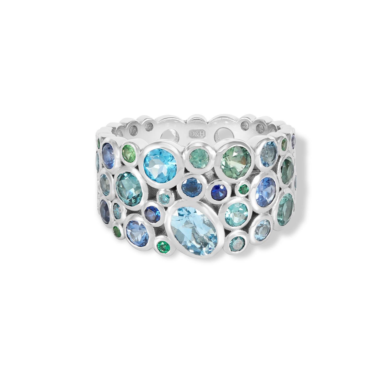 Modern 18k Bespoke Teal Cascade Ring For Sale