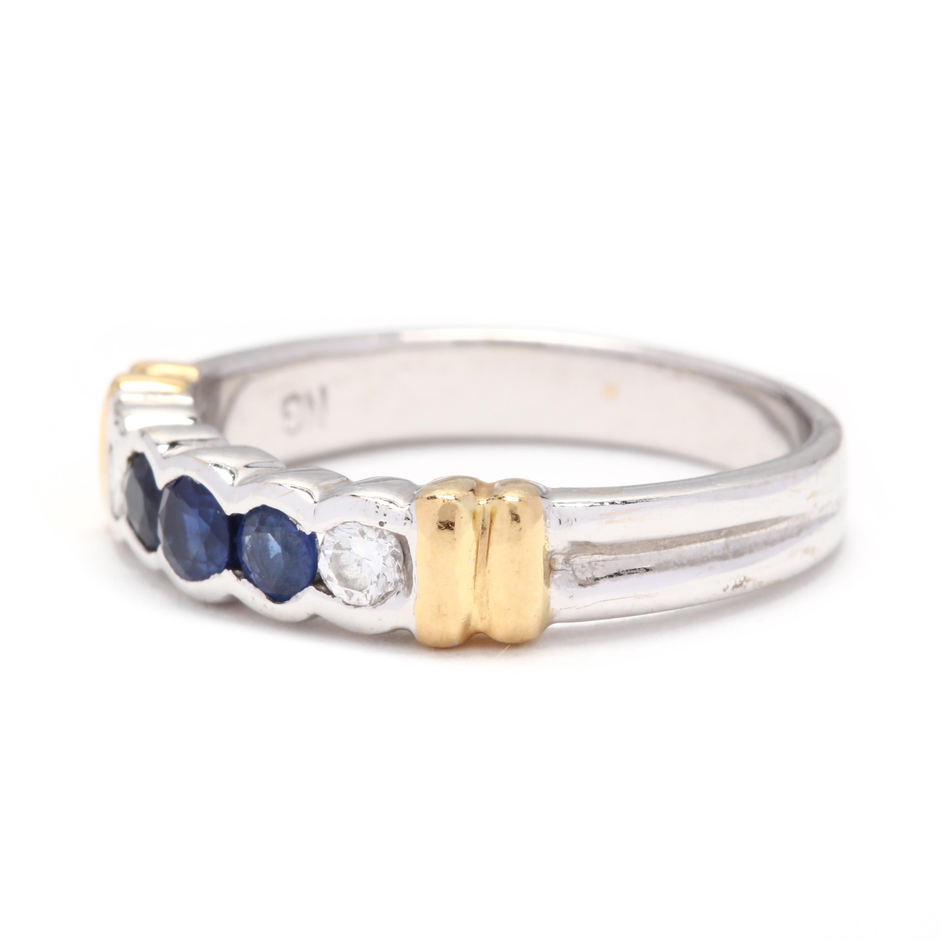 Round Cut 18 Karat Bi-Color Gold, Diamond and Sapphire Band Ring