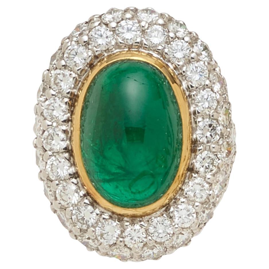 Bague bicolore 18 carats, émeraude cabochon ovale et diamant 5,6 carats, taille de la bague : 7 1/4