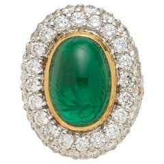 18k Bi-Colored Gold, Oval Cabochon Emerald, and 5.6ct Diamond Ring Size: 7 1/4