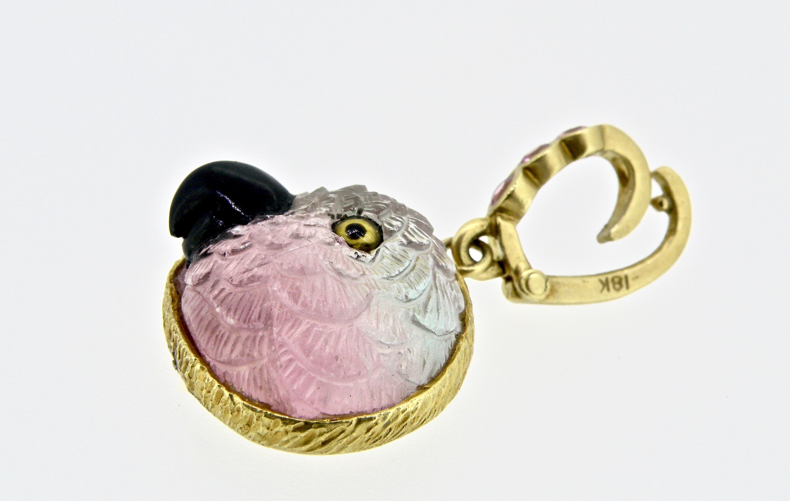 18K Bicolor Tourmaline Parrot Pendant with Pink Sapphire Bail In New Condition For Sale In Cohasset, MA