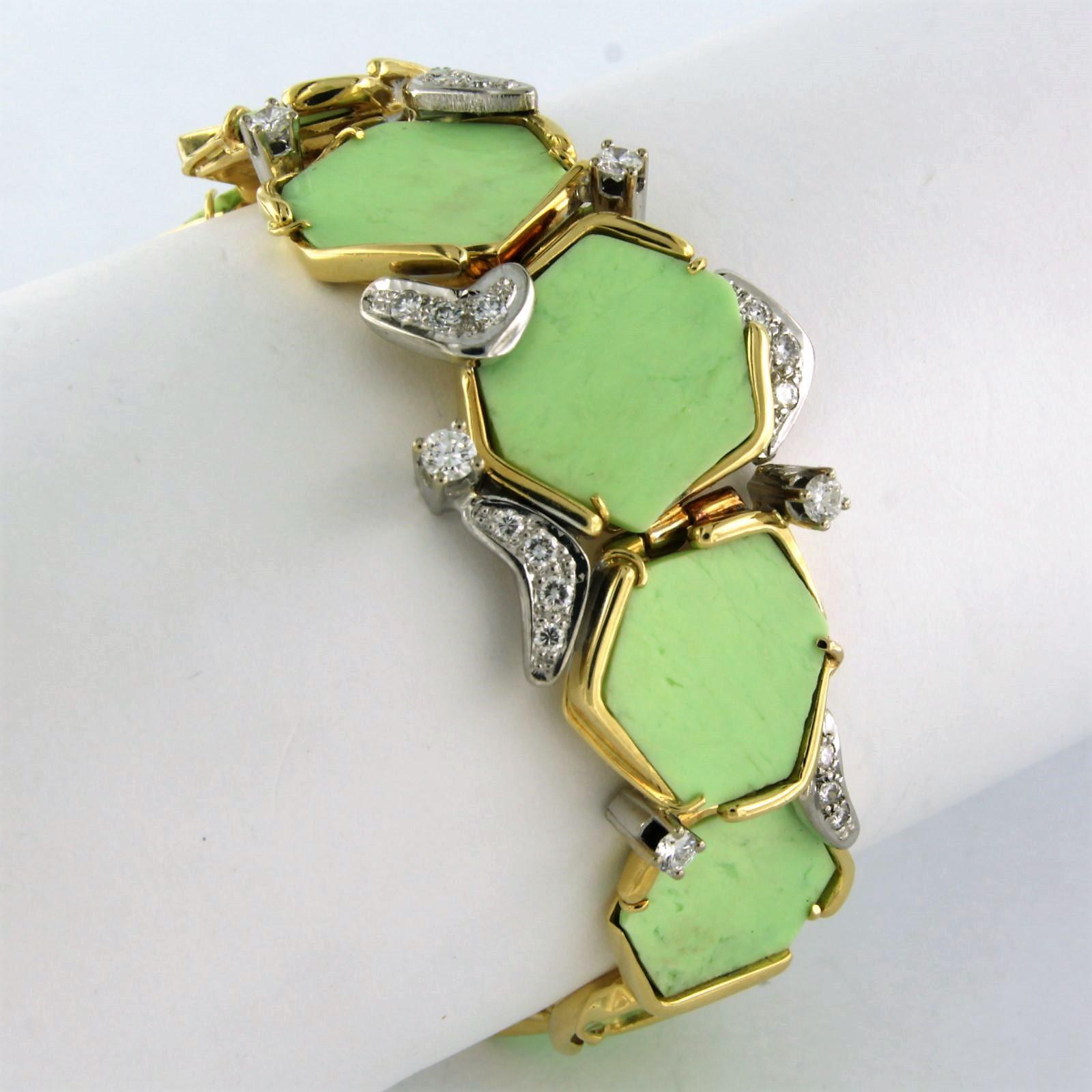 Bracciale in oro 18k bicolore con crisoprasio e diamanti 0,80 carati - 17,5 cm In condizioni ottime in vendita a The Hague, ZH