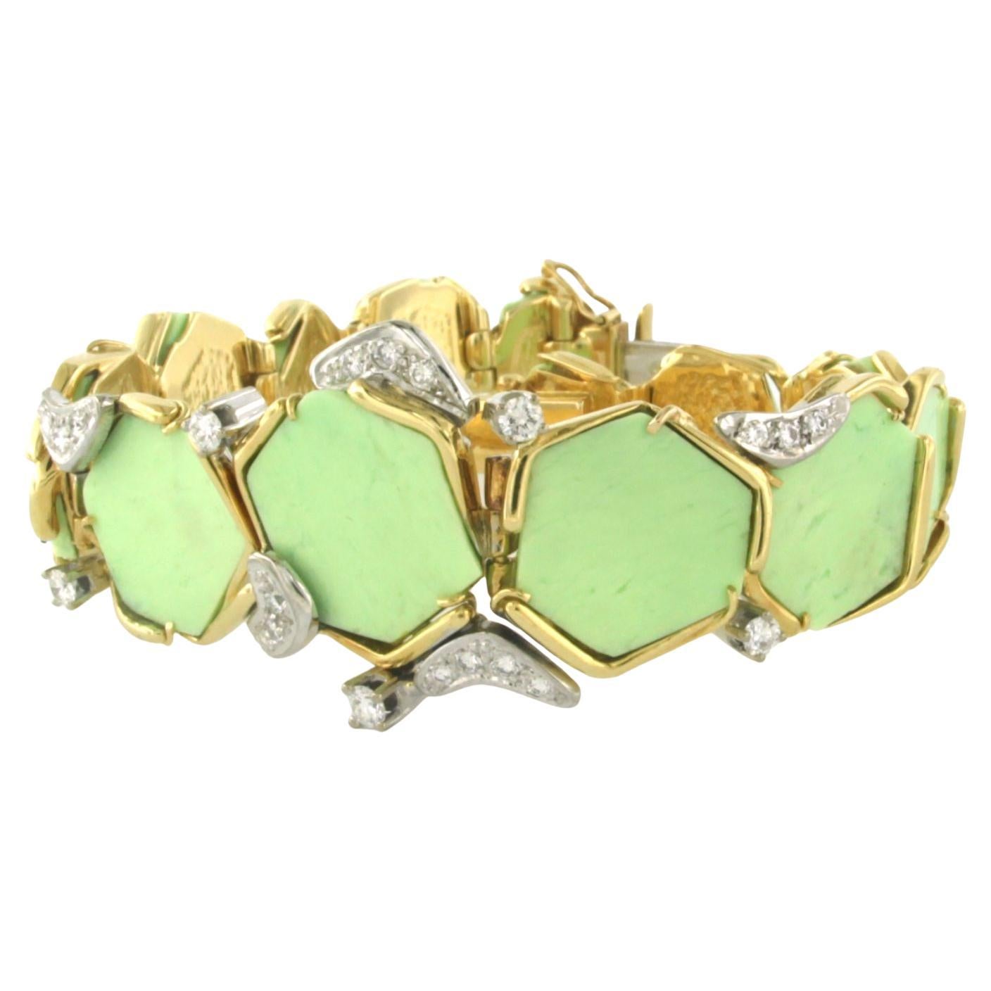 Bracciale in oro 18k bicolore con crisoprasio e diamanti 0,80 carati - 17,5 cm in vendita