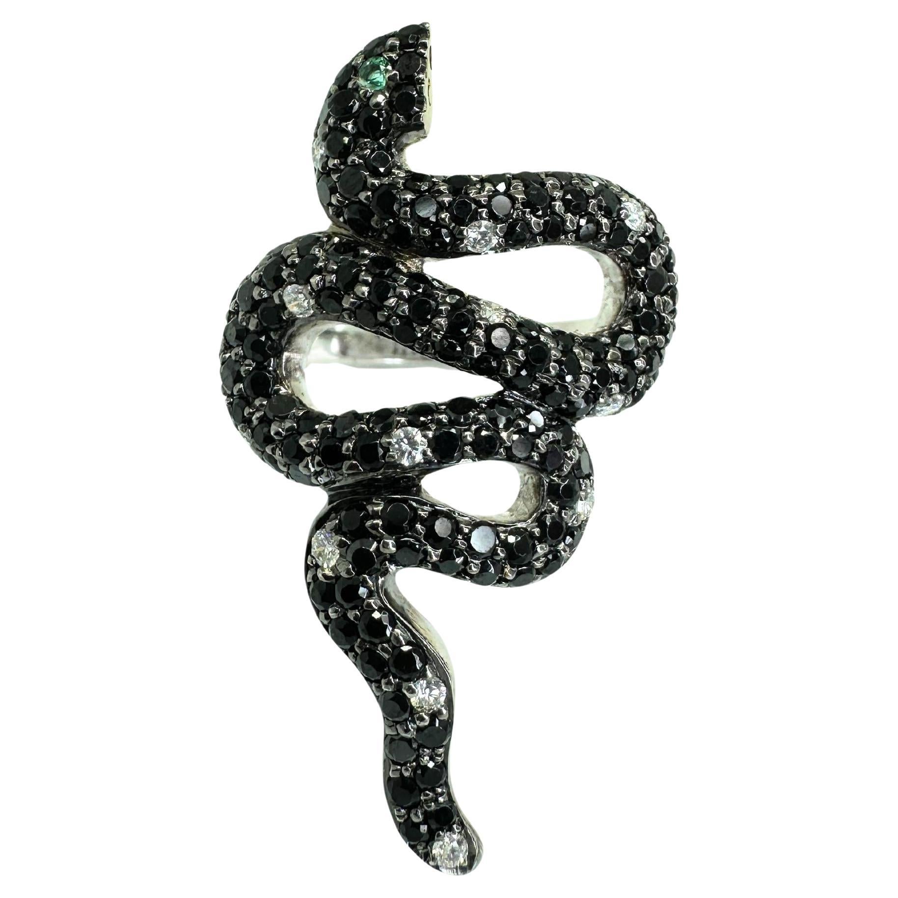 18K Black and White Diamond and Emerald Snake Ring