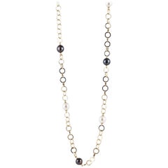 18K Gold Circle Link Necklace with Cultured Pearls