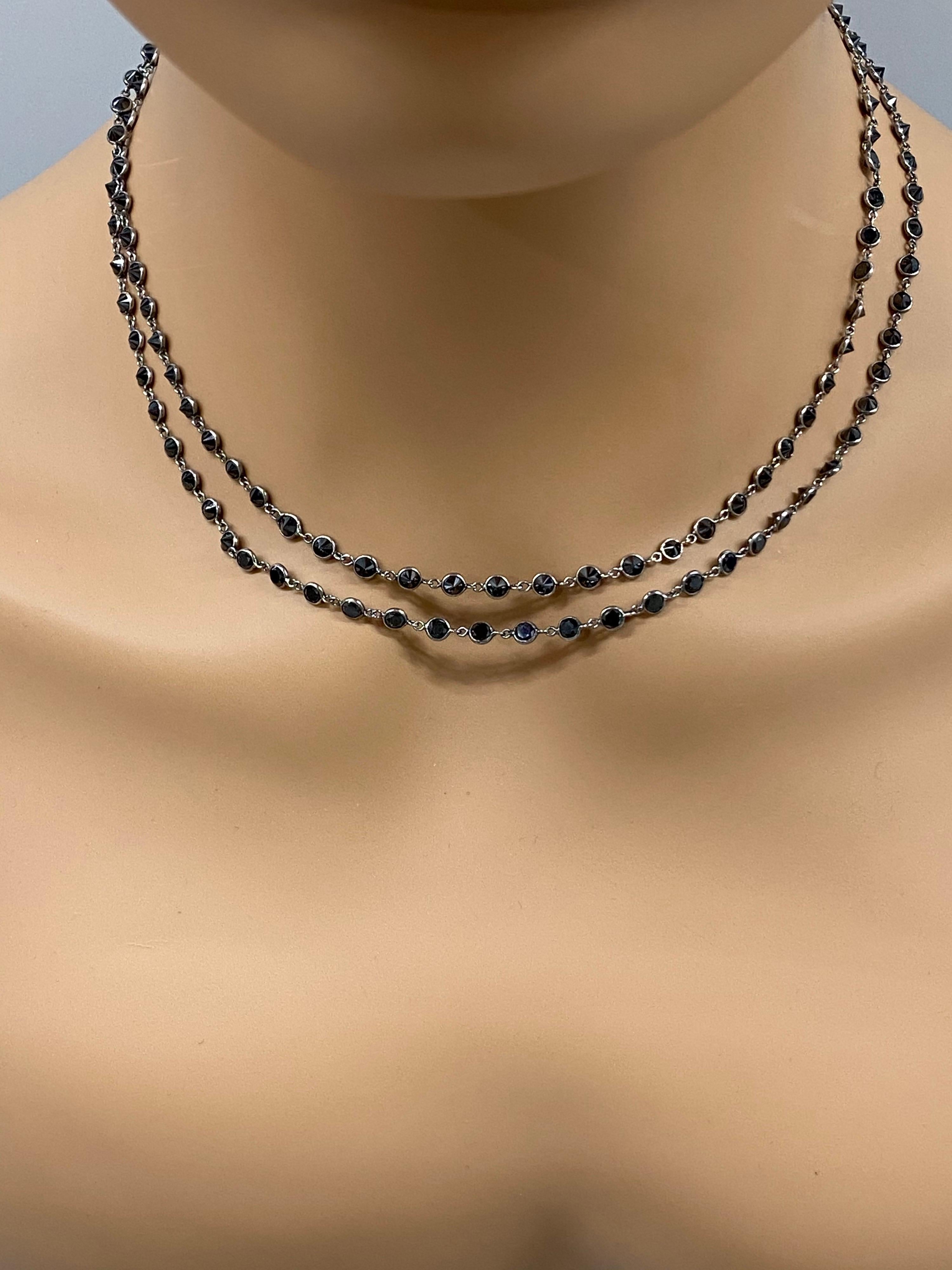 Easy, glistening black diamonds set in 18k blackened gold. Wear it long at 34 inches or double it for a layered look. So versatile! 
Approximately 16 CTW.
See photos of some of our pendants hanging from this glam chain. (Pendants sold separately)